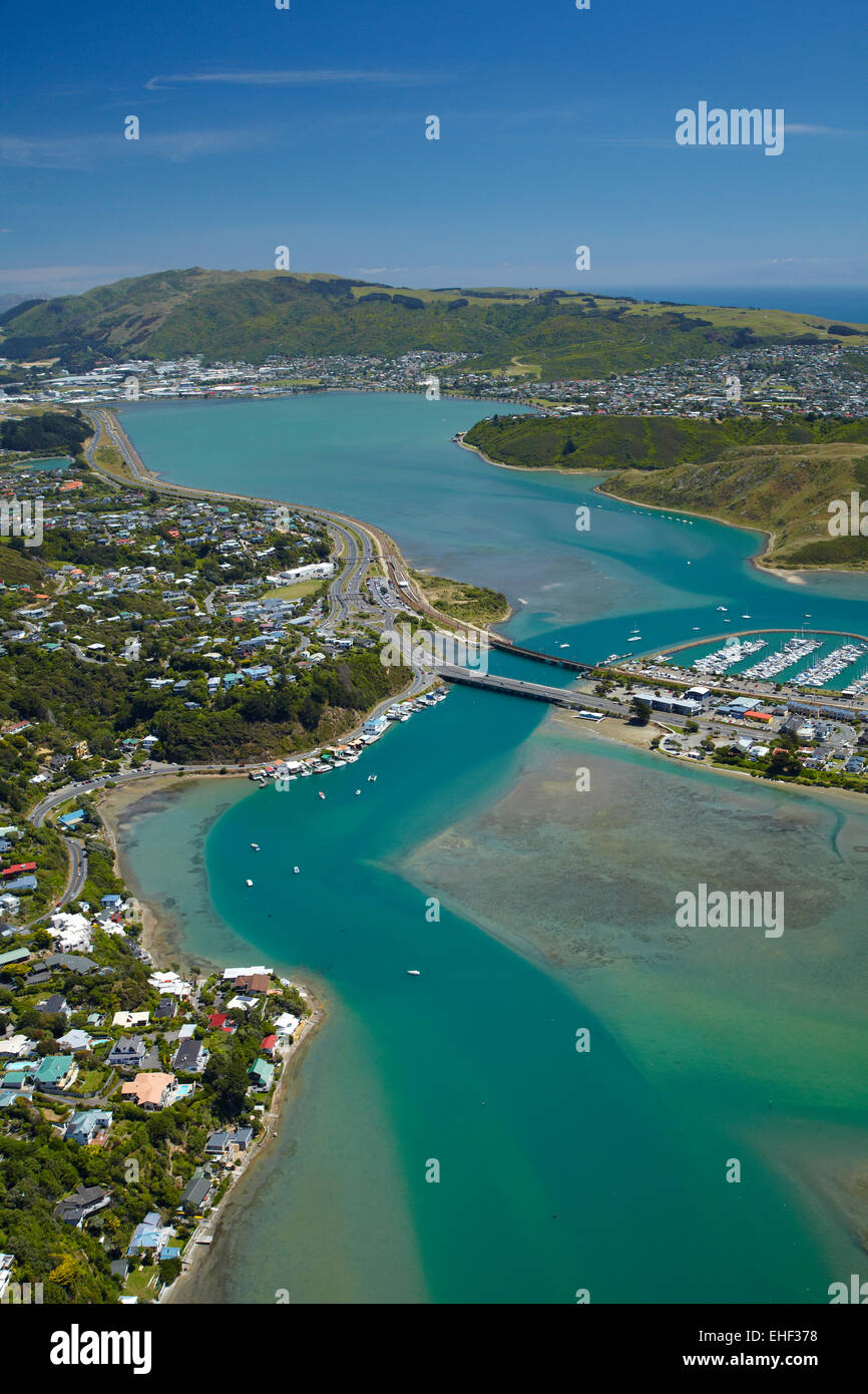 Ingresso Pauatahanui, Porirua Porto, Regione di Wellington, Isola del nord, Nuova Zelanda - aerial Foto Stock