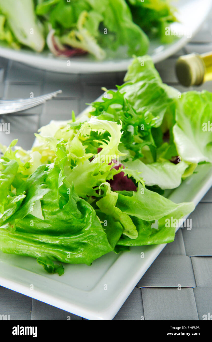 Ingrandimento di una piastra con mesclun, un mix assortiti di foglie di insalata Foto Stock