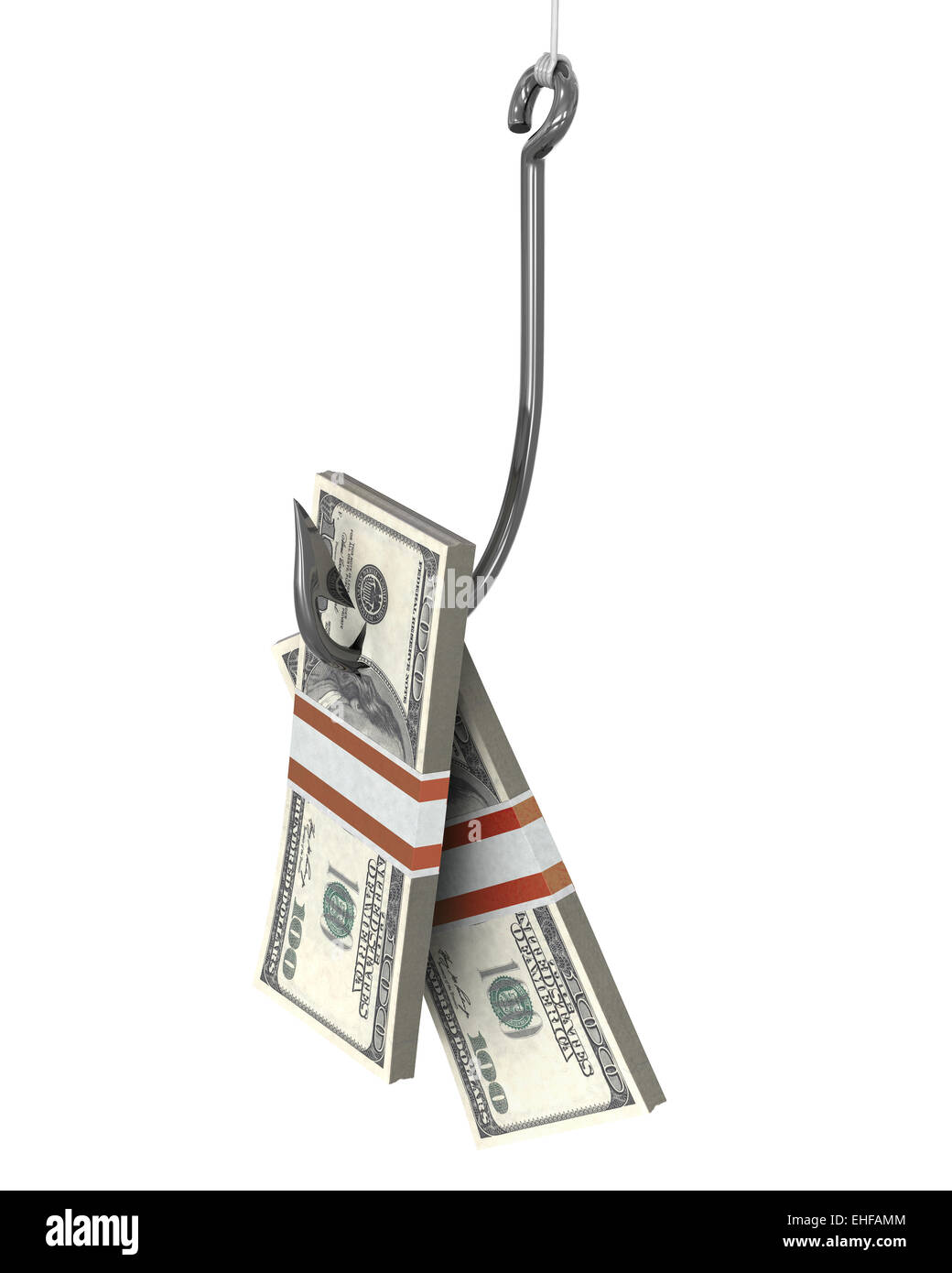 Alcuni dei pacchetti di dollari su un amo da pesca Foto Stock