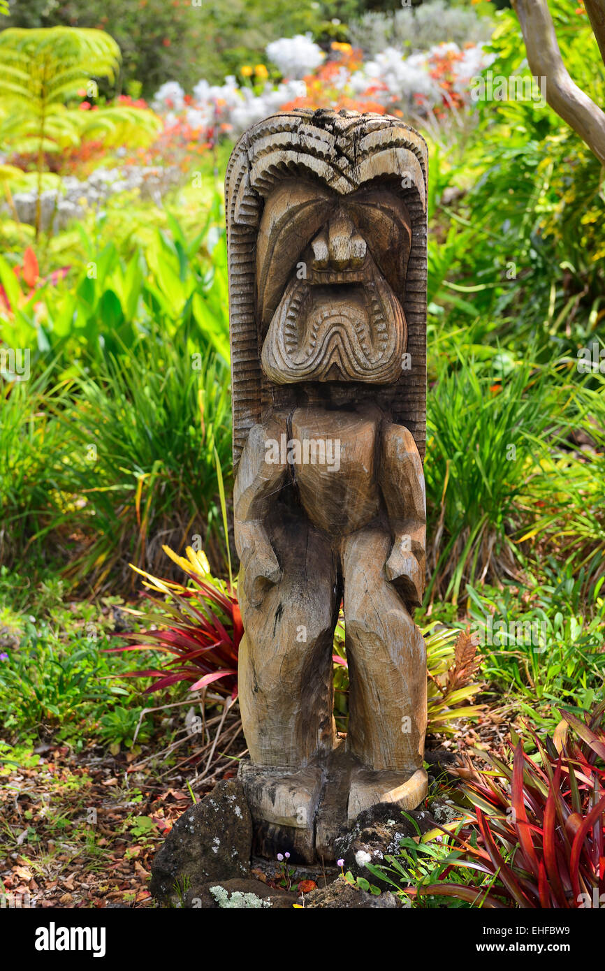 Tiki carving in Kula Giardino Botanico, Kula, Maui, Hawaii, STATI UNITI D'AMERICA Foto Stock