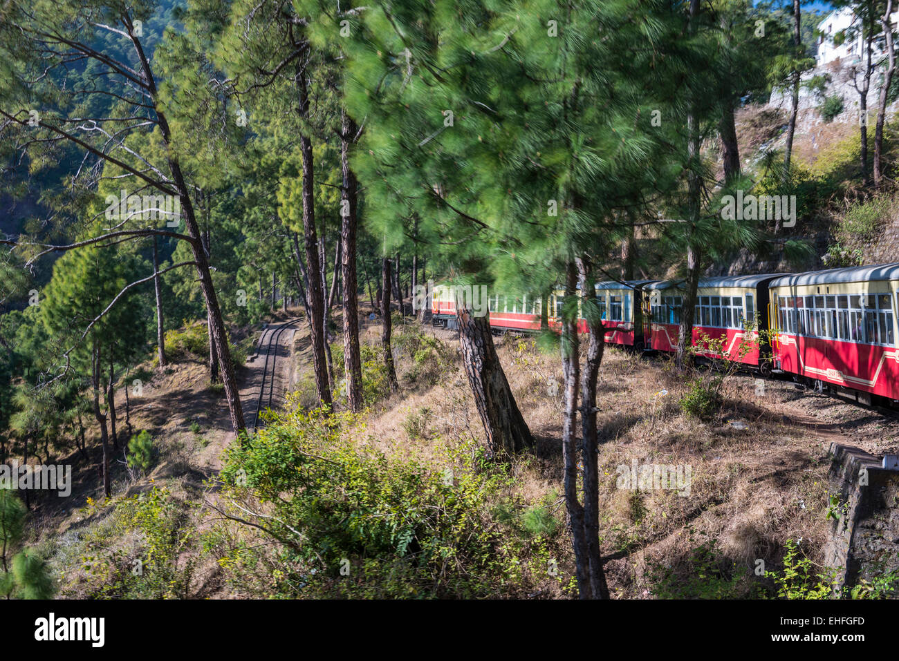 La carreggiata stretta Kalka-Shimla avvolgimento del treno verso il basso attraverso il foothills dell'Himalaya in India Foto Stock
