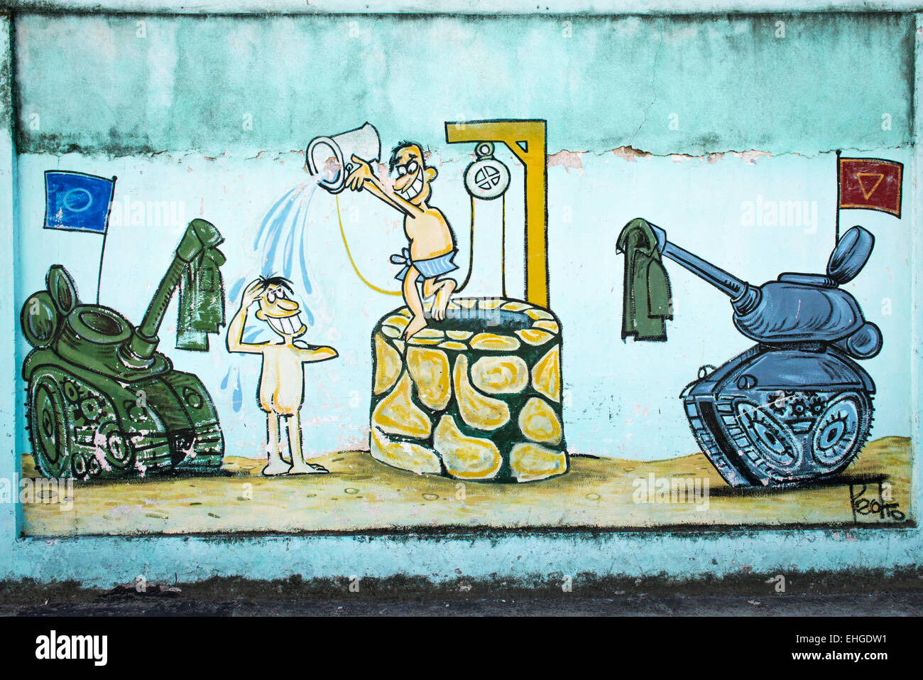 Cuba Santa Clara serie di estrema politica anti US STATI UNITI D'AMERICA North American cartoon cartoons murales pareti soldati lavare bene i serbatoi Foto Stock