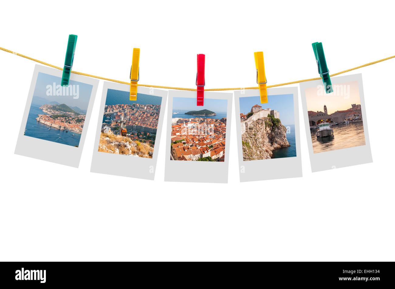 Cinque foto di Dubrovnik su stendibiancheria isolato su sfondo bianco con tracciato di ritaglio Foto Stock