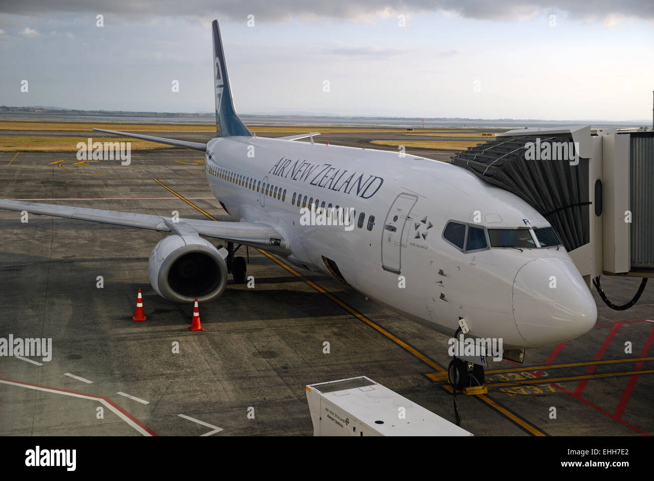 AUCKLAND, NUOVA ZELANDA, 23 gennaio 2015: un'Aria Nuova Zelanda jet prende sui passeggeri all'Aeroporto di Auckland, Nuova Zelanda, Northland Foto Stock