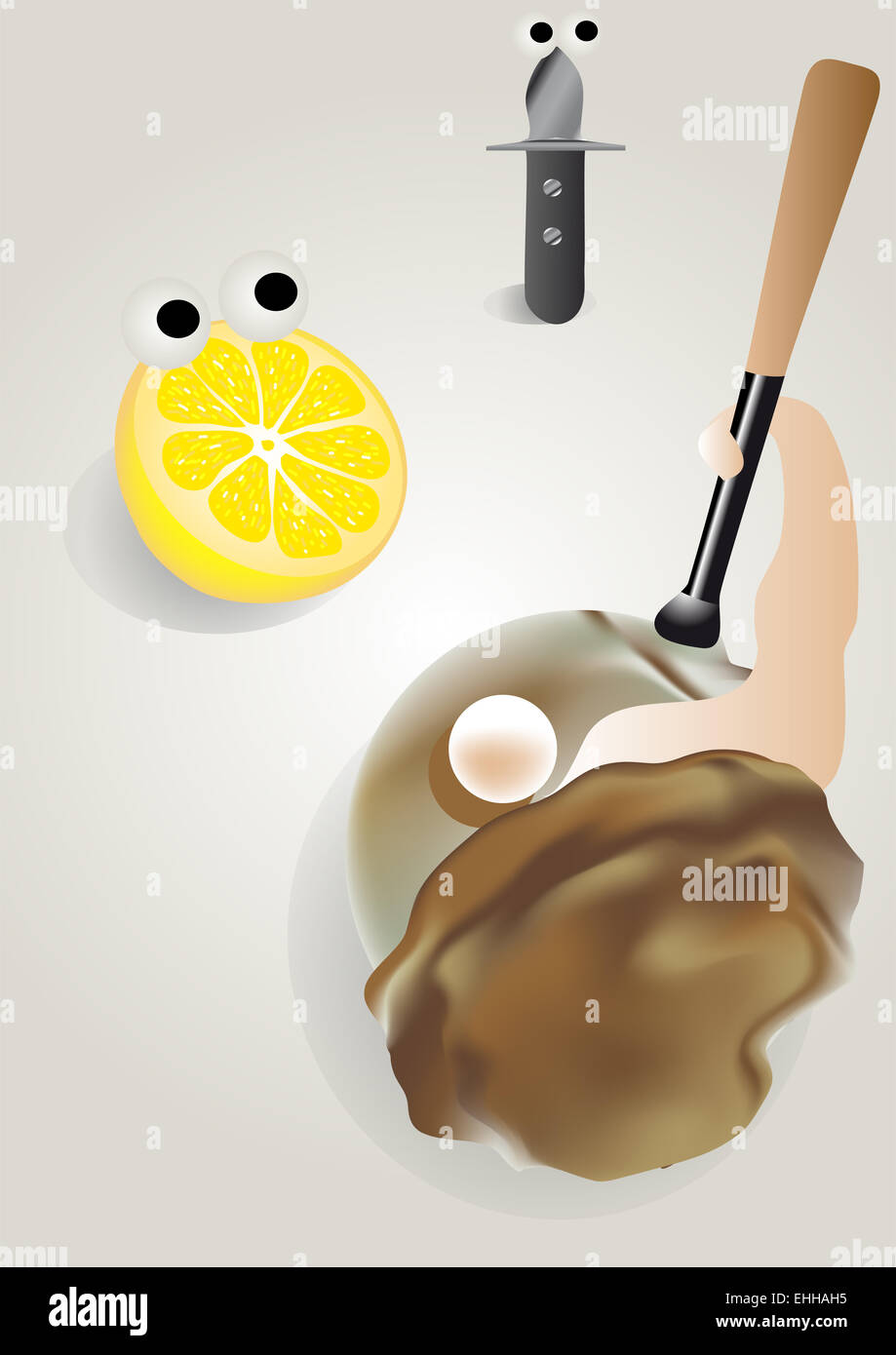 Coltello di ostriche e limone Foto Stock