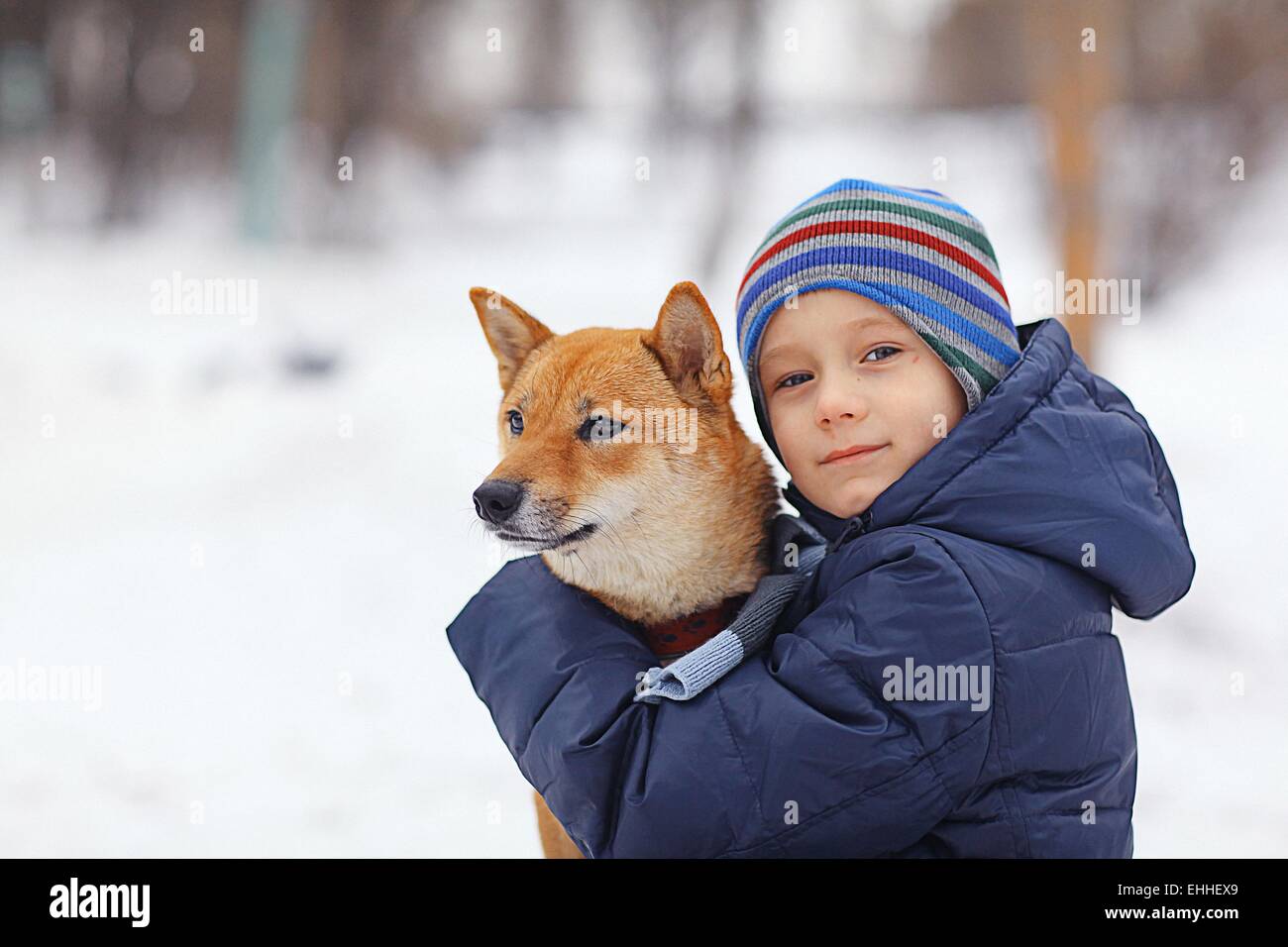 Ragazzo e una cute cane concetto di amicizia Foto Stock
