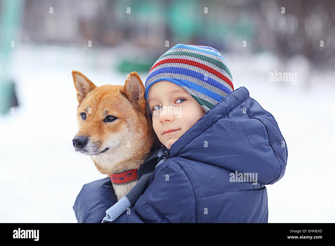 Ragazzo e una cute cane concetto di amicizia Foto Stock