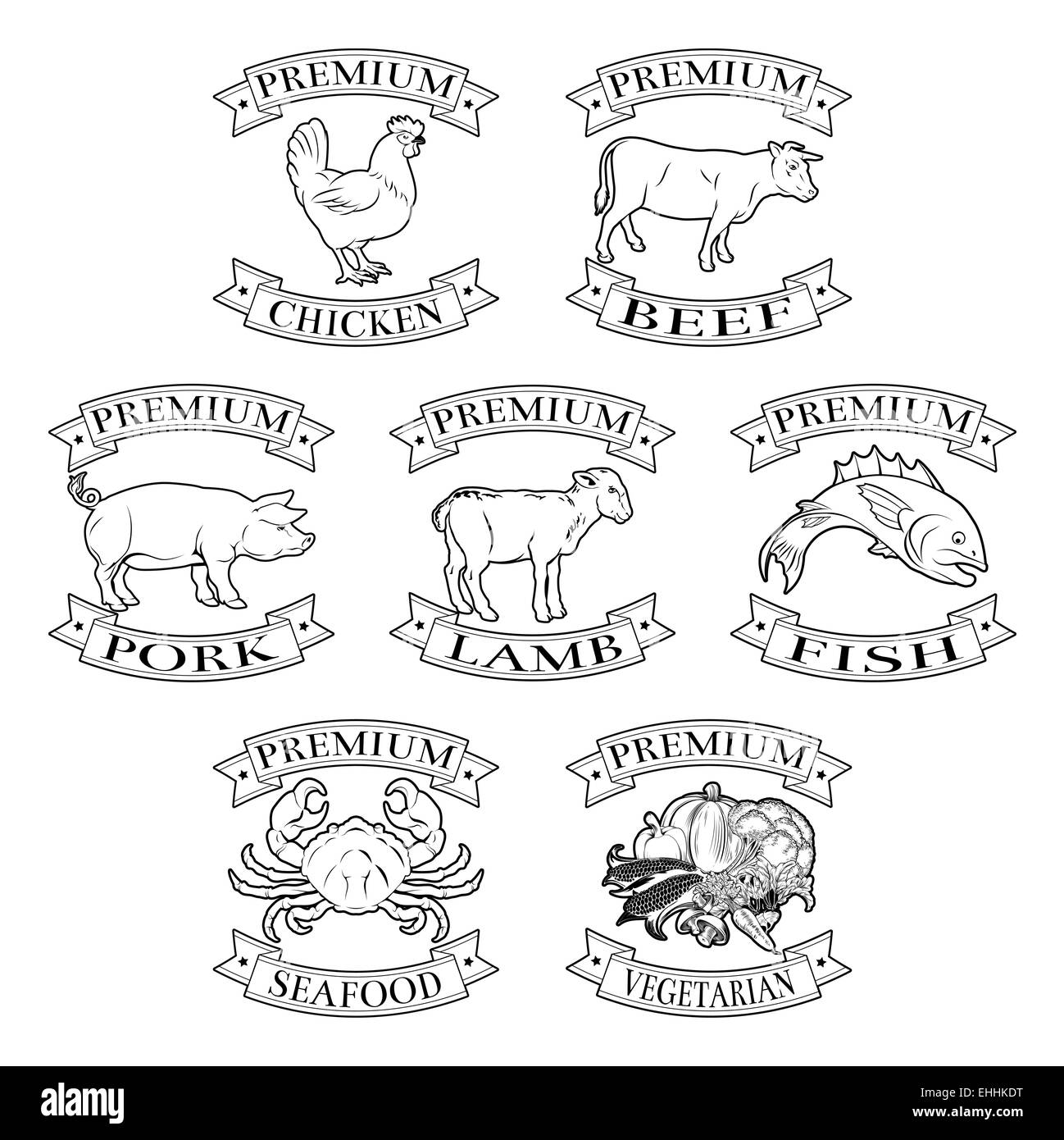 Un set di alimento premium etichetta o un adesivo illustrazioni per le carni e i gruppi alimentari Foto Stock