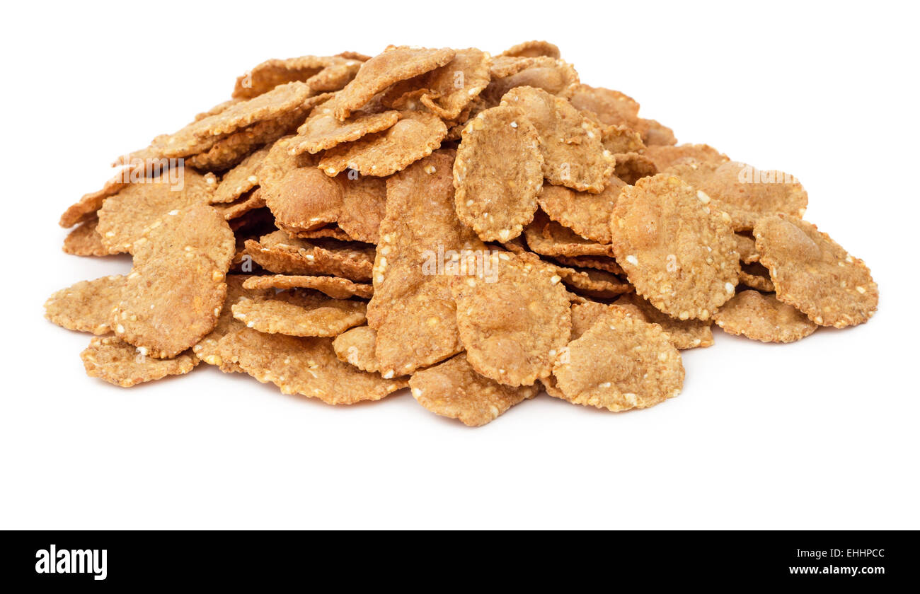 Pila di cornflake cereali isolati su sfondo bianco Foto Stock