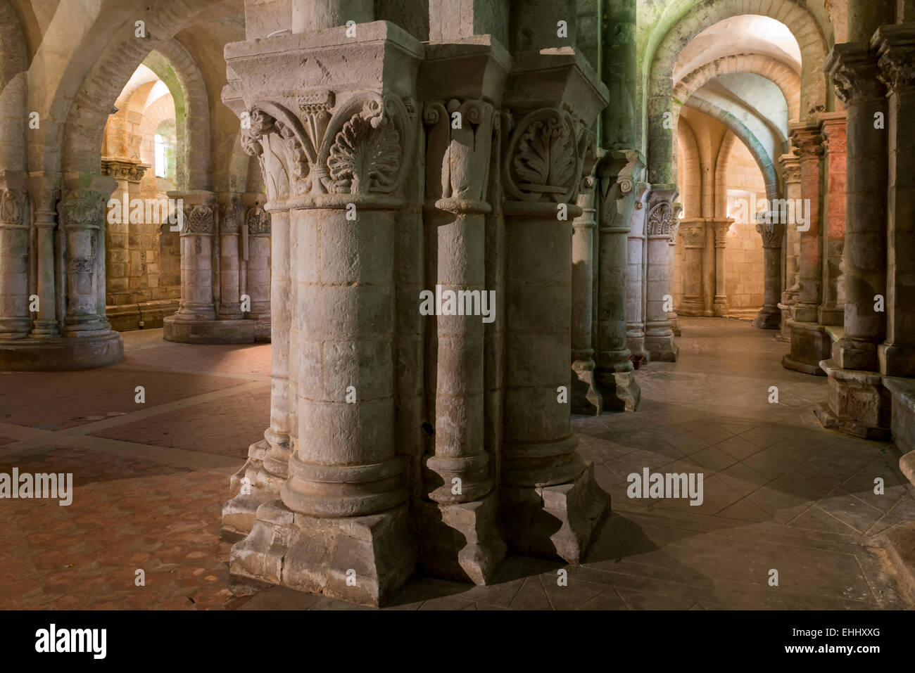 Cripta di una chiesa di Saintes Francia con molte colonne e girasoli. Foto Stock