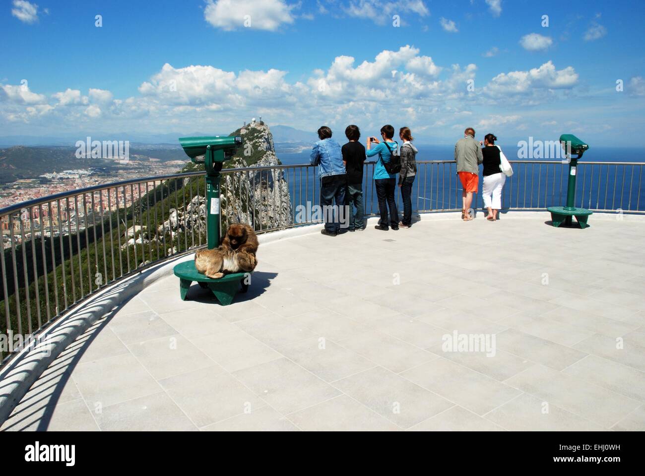 Turisti e macachi sulla piattaforma di osservazione con il Rock e la fascia costiera spagnola alla parte posteriore, Gibilterra, Regno Unito Foto Stock