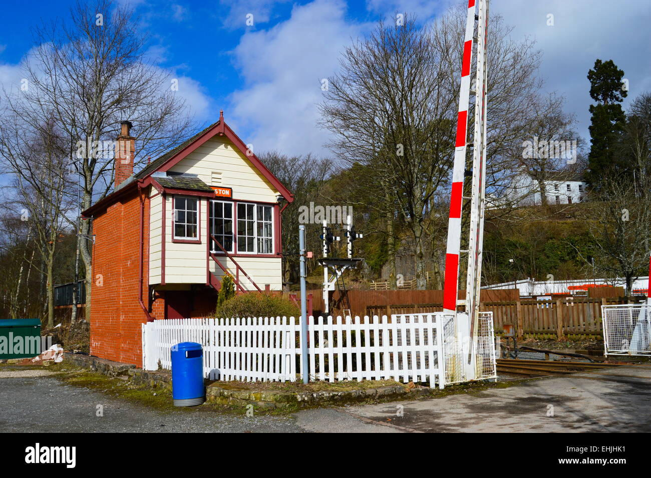 Signalbox sulla South Tynedale treno alla stazione di Alston. Foto Stock