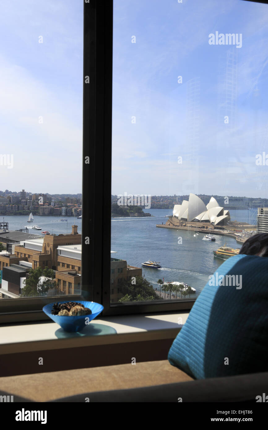 Sydney Opera House vista da una camera per gli ospiti degli hotel di quattro stagioni, Sydney Australia Foto Stock