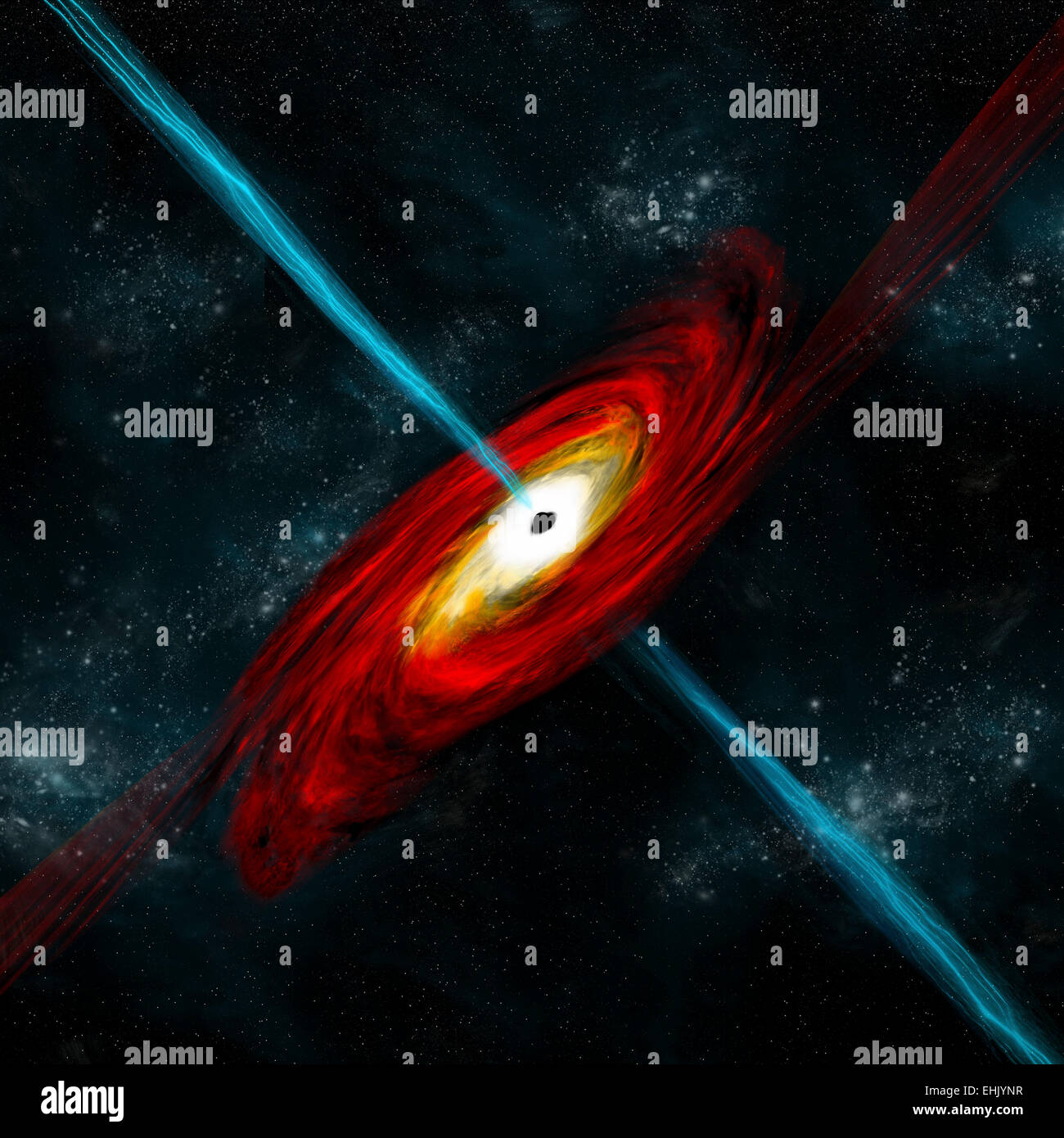 Un artista della rappresentazione di un buco nero nello spazio interstellare tirando in gas e polveri che iniziare a riscaldare l. Gamma Ray Bursts uscire a Foto Stock