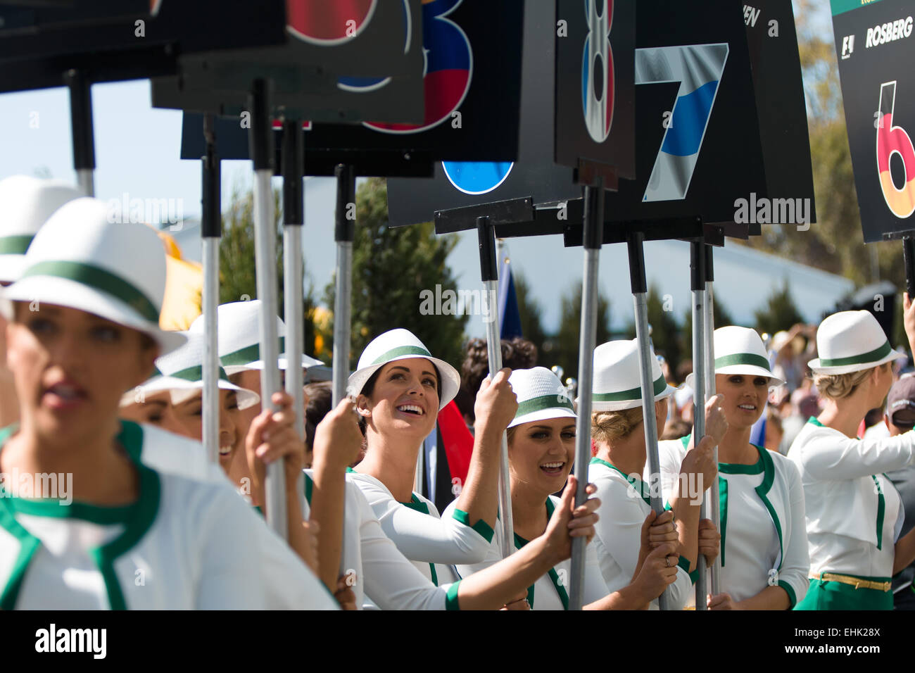 Albert Park di Melbourne, Australia. Xv Mar, 2015. Rolex ragazze della griglia al 2015 Australian Formula One Grand Prix all'Albert Park di Melbourne, Australia. Sydney bassa/Cal Sport Media/Alamy Live News Foto Stock