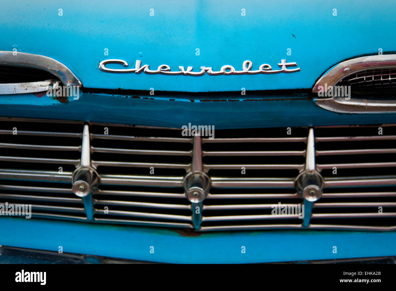 Primo piano particolare del classico auto Chevrolet, Havana, Cuba Foto Stock