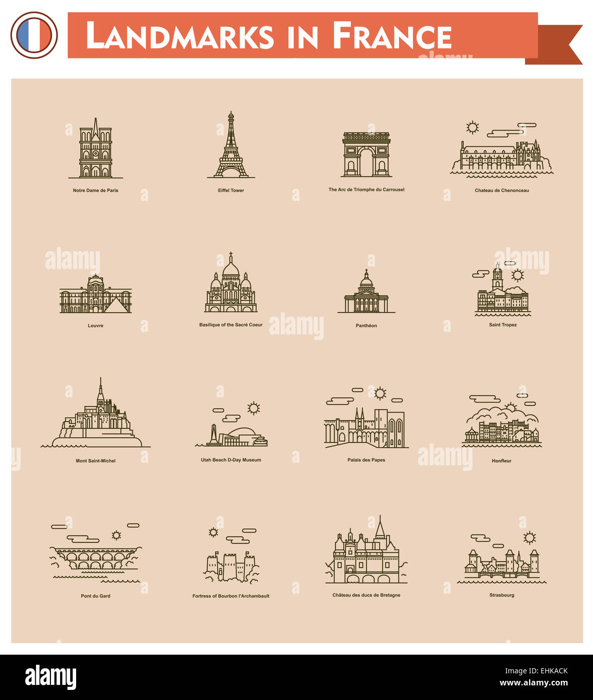Francia landmarks icona impostare Foto Stock