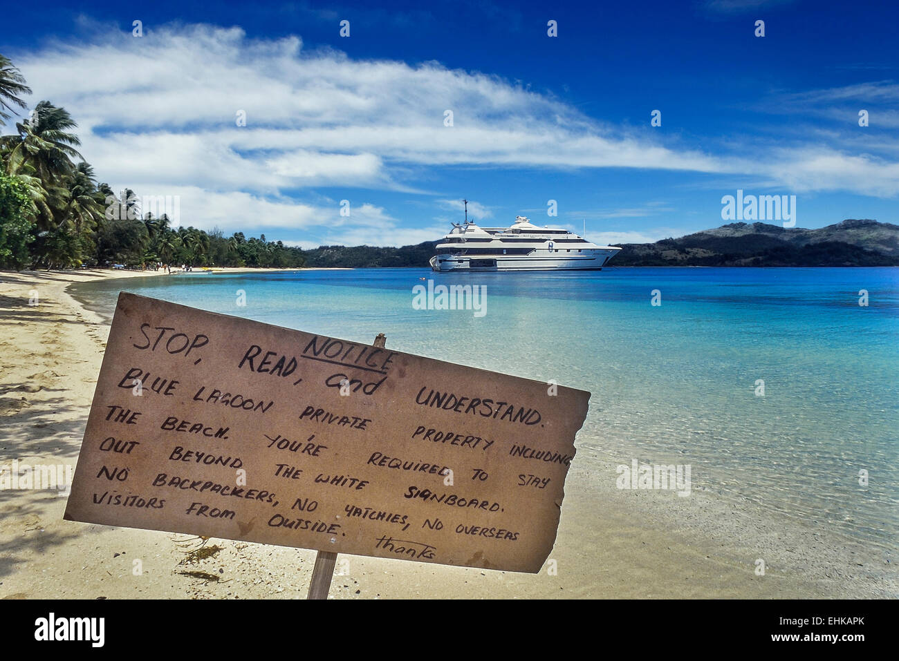 Blue Lagoon cruises spiaggia privata cartello segnaletico. Il Nanuya LaiLai. Yasawa Islands. Isole Figi Foto Stock