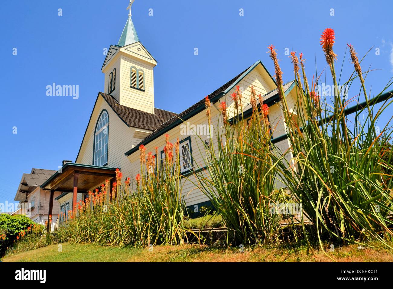 Storica chiesa di legno, costruito da immigrati tedeschi, Frutillar, Cile Foto Stock