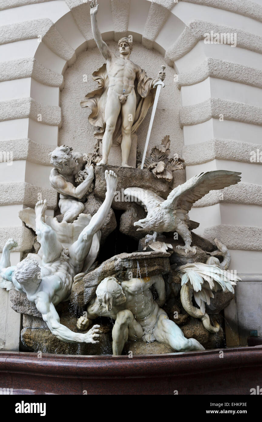 "Potere sulla terra' fontana da Edmund Hellmer nel 1897 come parte del Palazzo di Hofburg a Vienna, in Austria. Foto Stock