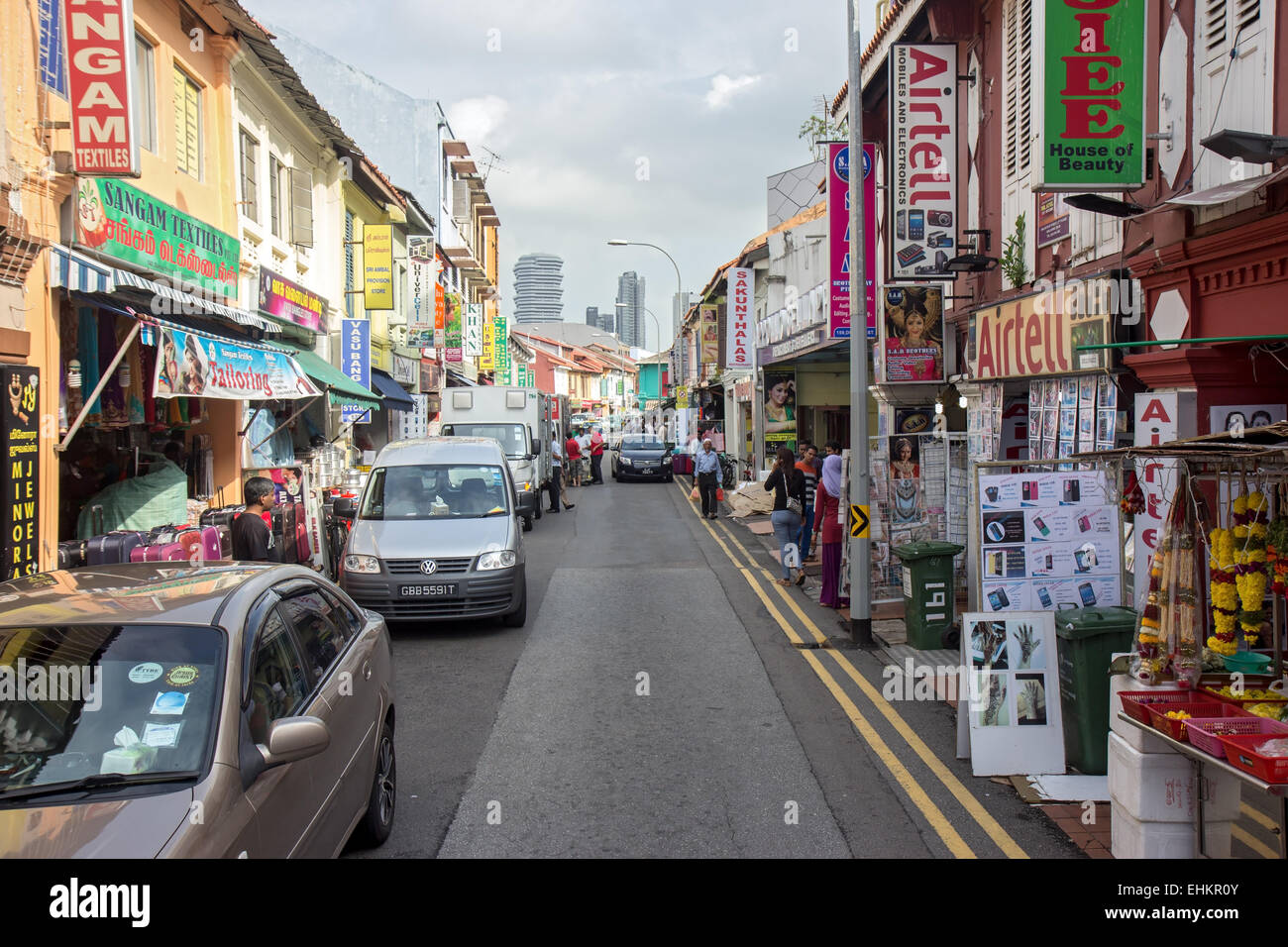 La strada dello shopping di il piccolo quartiere indiano di Singapore Foto Stock