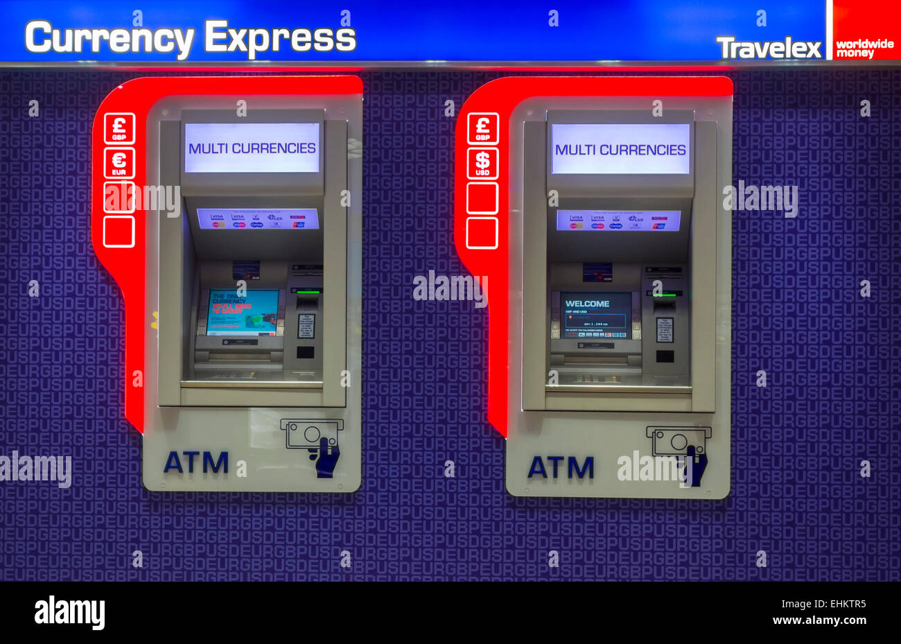 Travelex cambio valuta ATM all'Aeroporto di Manchester. In Inghilterra. Regno Unito Foto Stock
