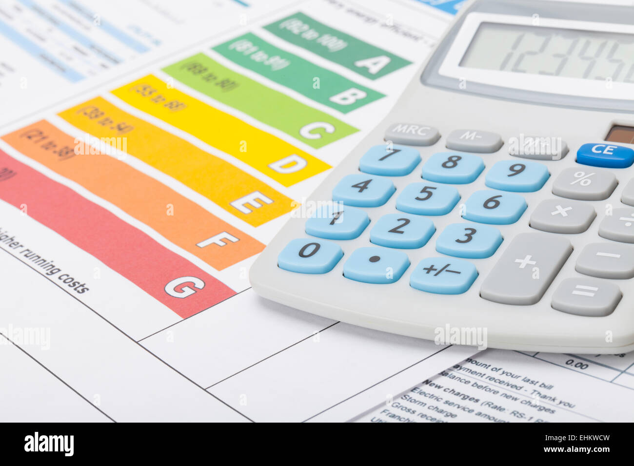 Efficienza energetica grafico e calcolatrice - studio shot Foto Stock