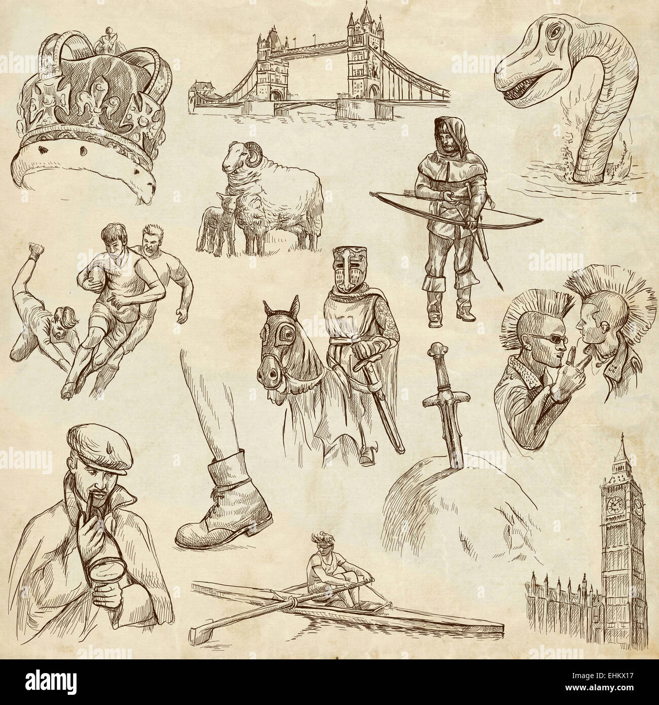 Serie di viaggio: Inghilterra - raccolta di un disegnati a mano illustrazioni. Descrizione: piena di dimensioni disegnata a mano le illustrazioni originali f Foto Stock