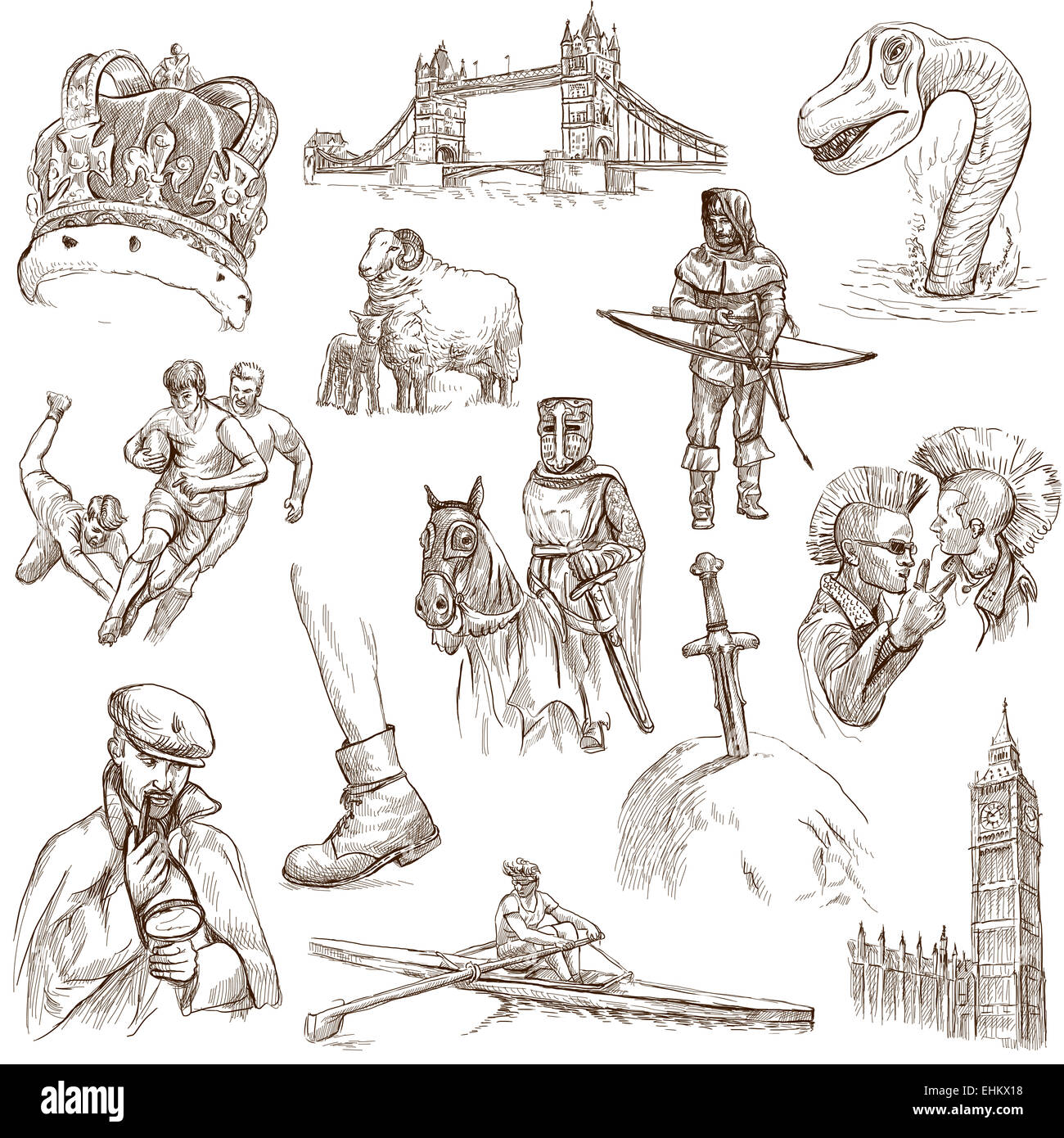 Serie di viaggio: Inghilterra - raccolta di un disegnati a mano illustrazioni. Descrizione: piena di dimensioni disegnata a mano le illustrazioni originali f Foto Stock