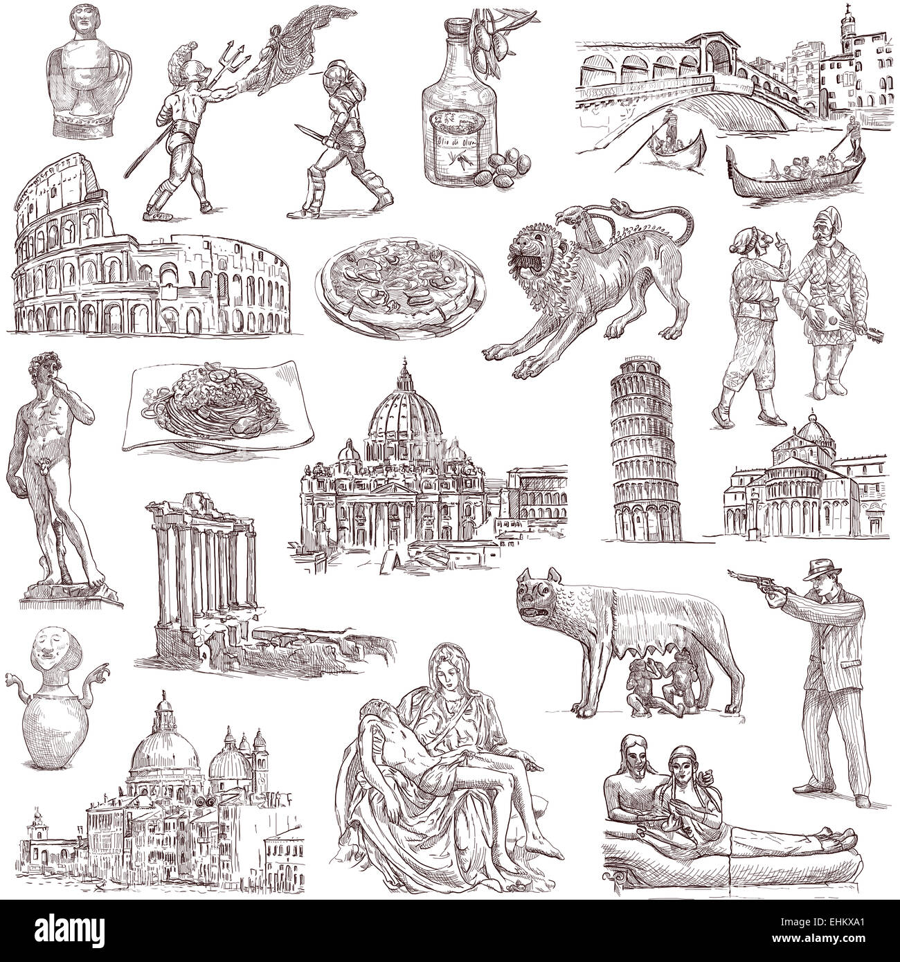 Serie di viaggio: Italia - Raccolta di un disegnati a mano illustrazioni. Descrizione: piena di dimensioni disegnata a mano le illustrazioni, originale fre Foto Stock