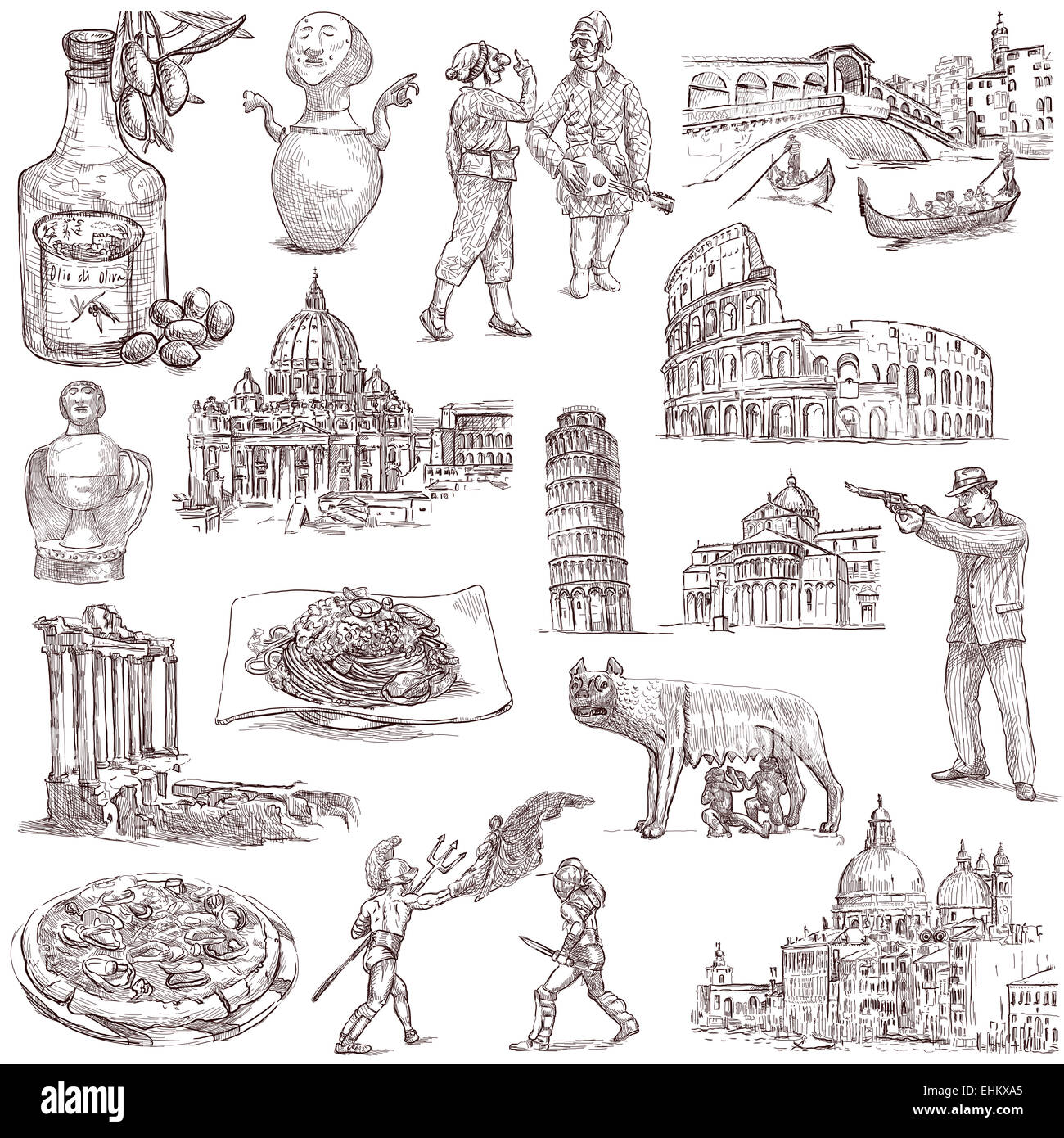 Serie di viaggio: Italia - Raccolta di un disegnati a mano illustrazioni. Descrizione: piena di dimensioni disegnata a mano le illustrazioni, originale fre Foto Stock