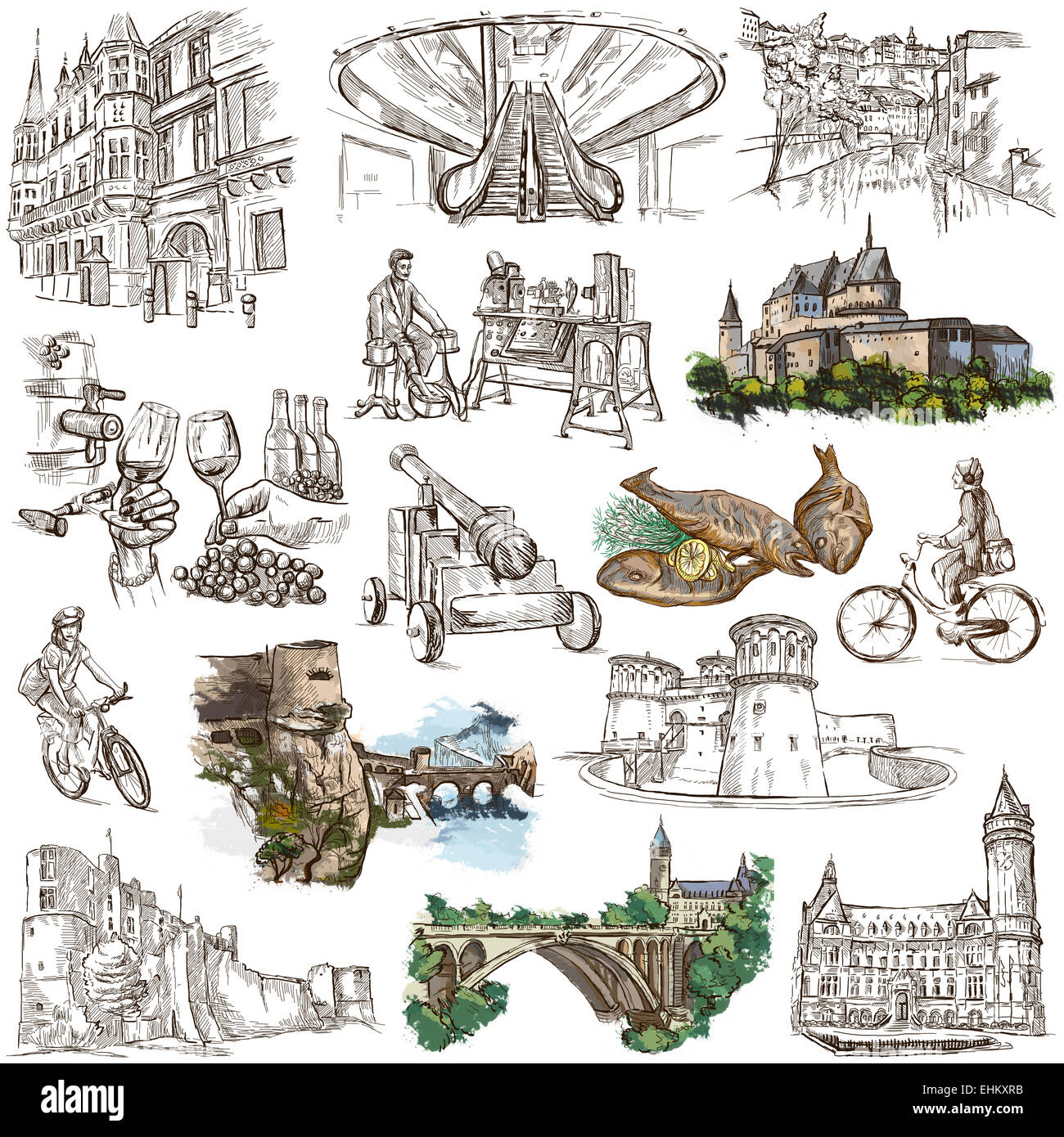 Serie di viaggio: Lussemburgo (pack no.2) - raccolta di un disegnati a mano illustrazioni. Foto Stock