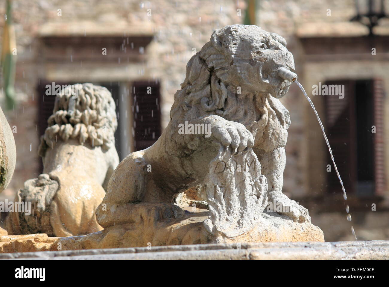 Lion fontana nella piazza principale della città di Assisi, Italia Foto Stock