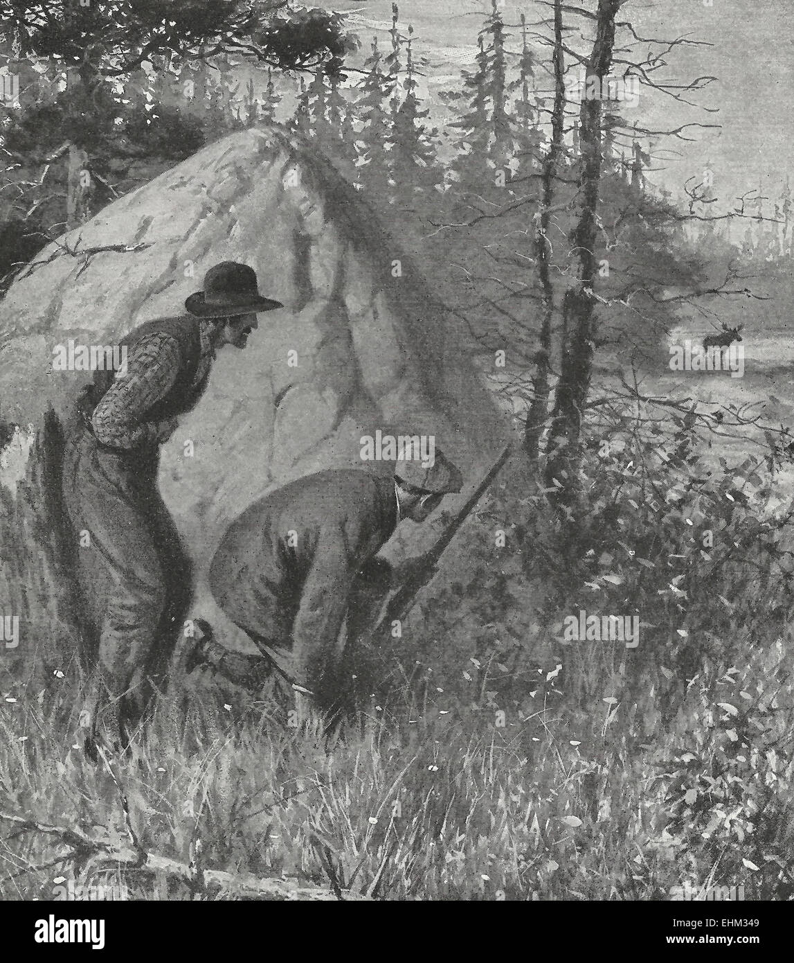 Cacciatori verificando un alce, circa 1915 Foto Stock