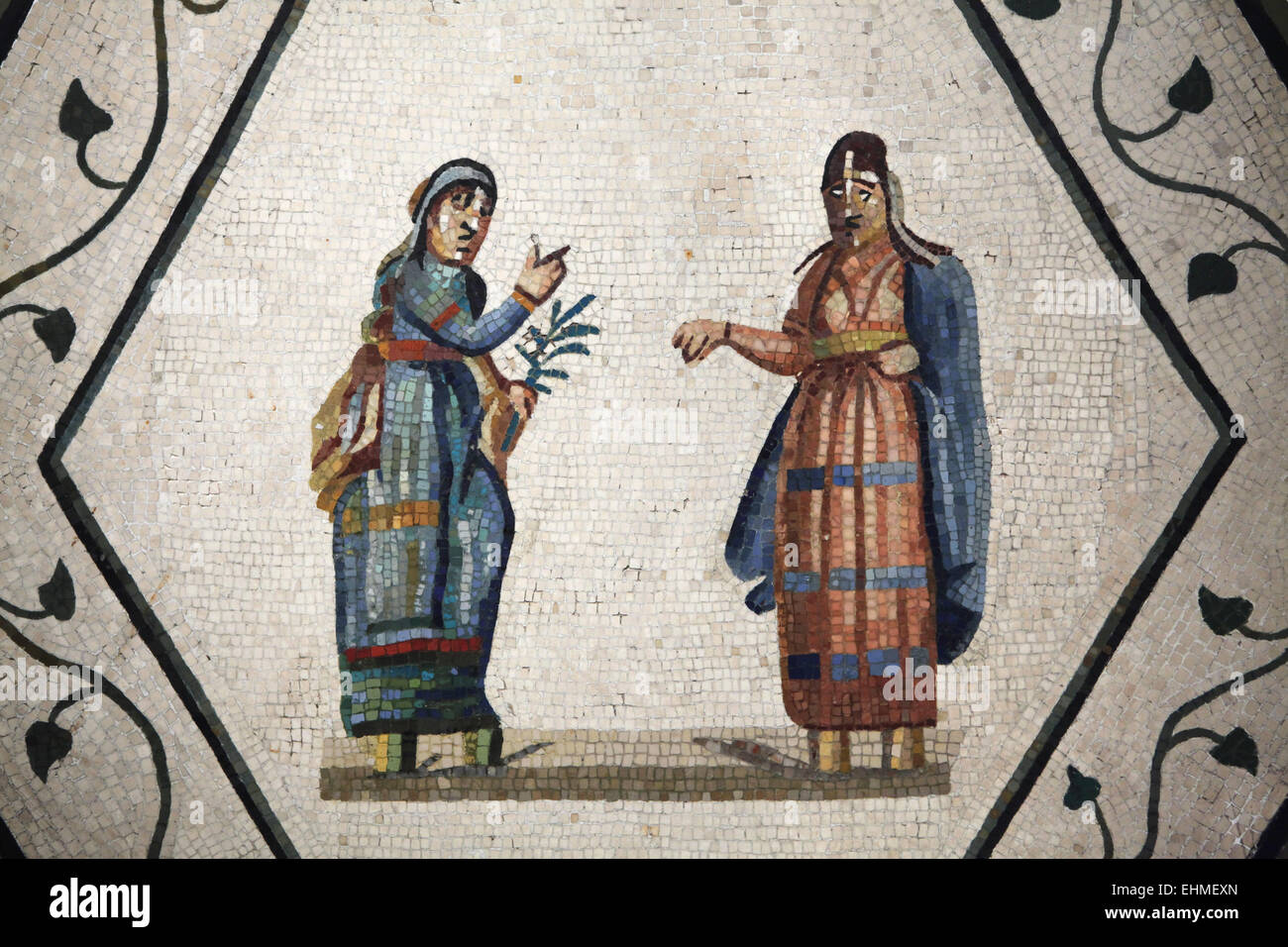Due attori in una scena drammatica. Mosaico romano del III secolo D.C., Lorium vicino a Roma, Italia. Altes Museum di Berlino, Germania. Foto Stock