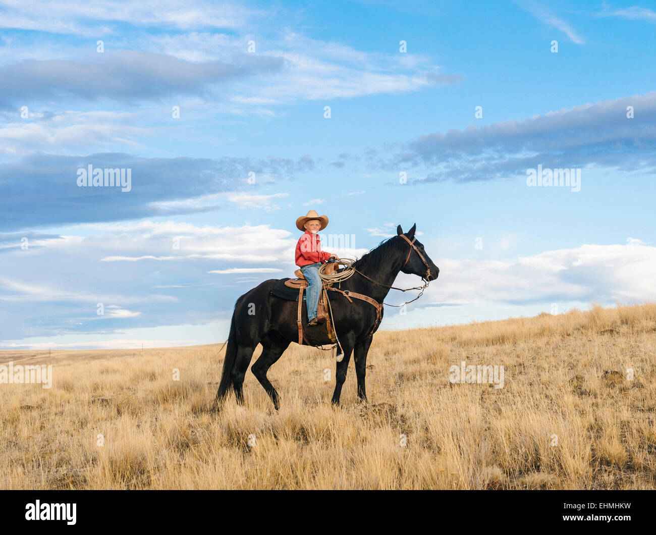 Caucasian boy a cavallo sulla collina erbosa Foto Stock