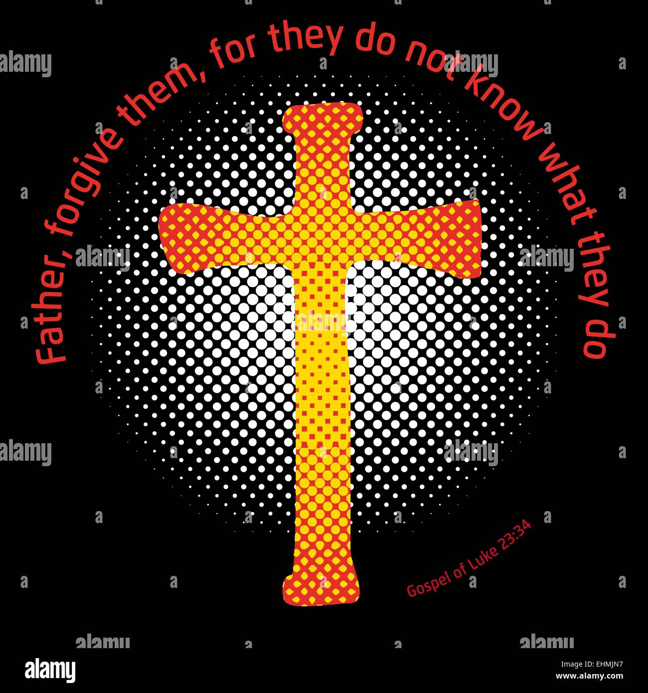 Un crocifisso in un cerchio con un retino di mezzitoni effetto nel retro che simboleggia la luce e una citazione del Vangelo circa Illustrazione Vettoriale