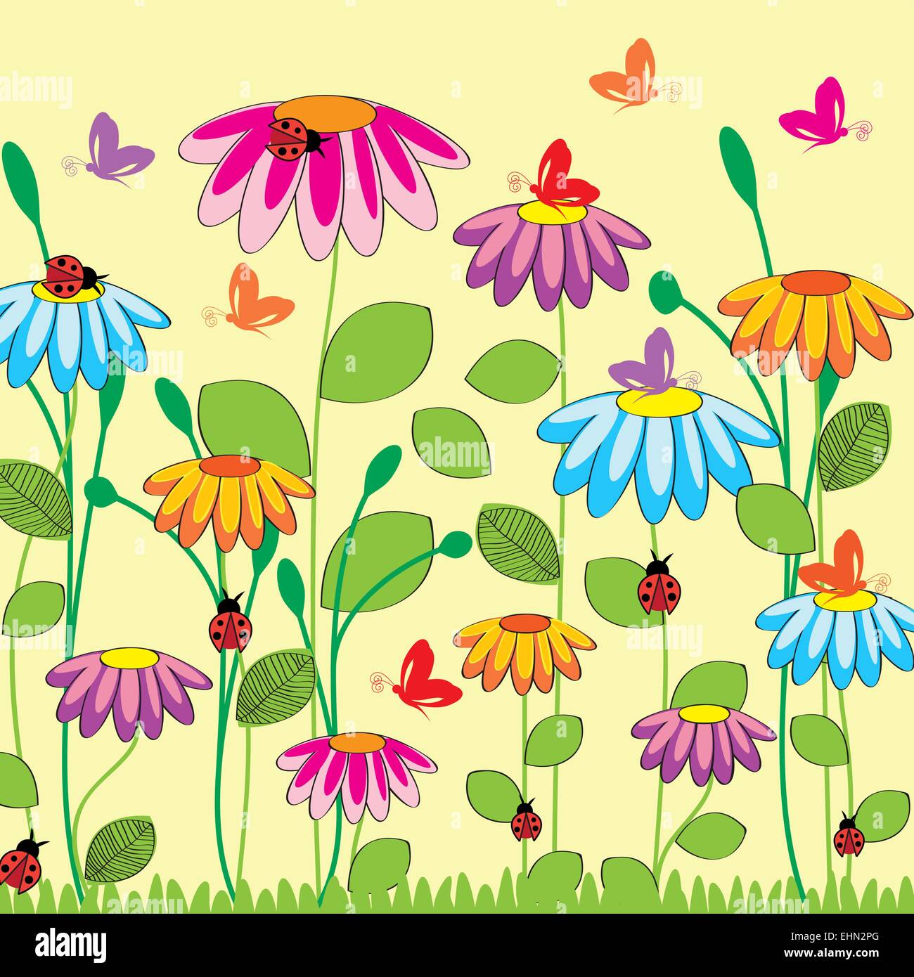 Colorati e simpatici ragazzi sfondo con fiori, bee e butterfly Illustrazione Vettoriale