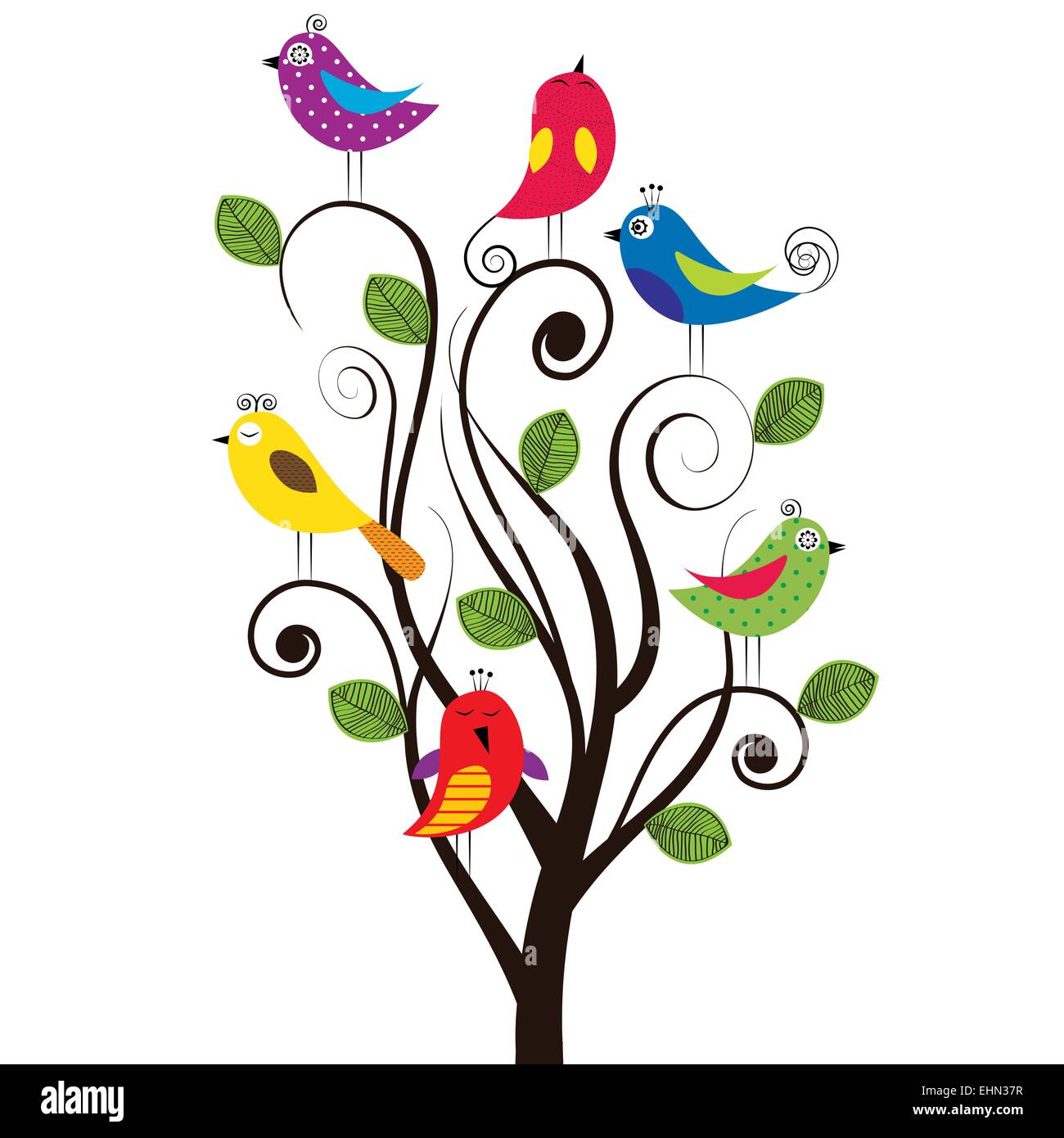 Molla albero con il colorato e divertente uccelli Illustrazione Vettoriale