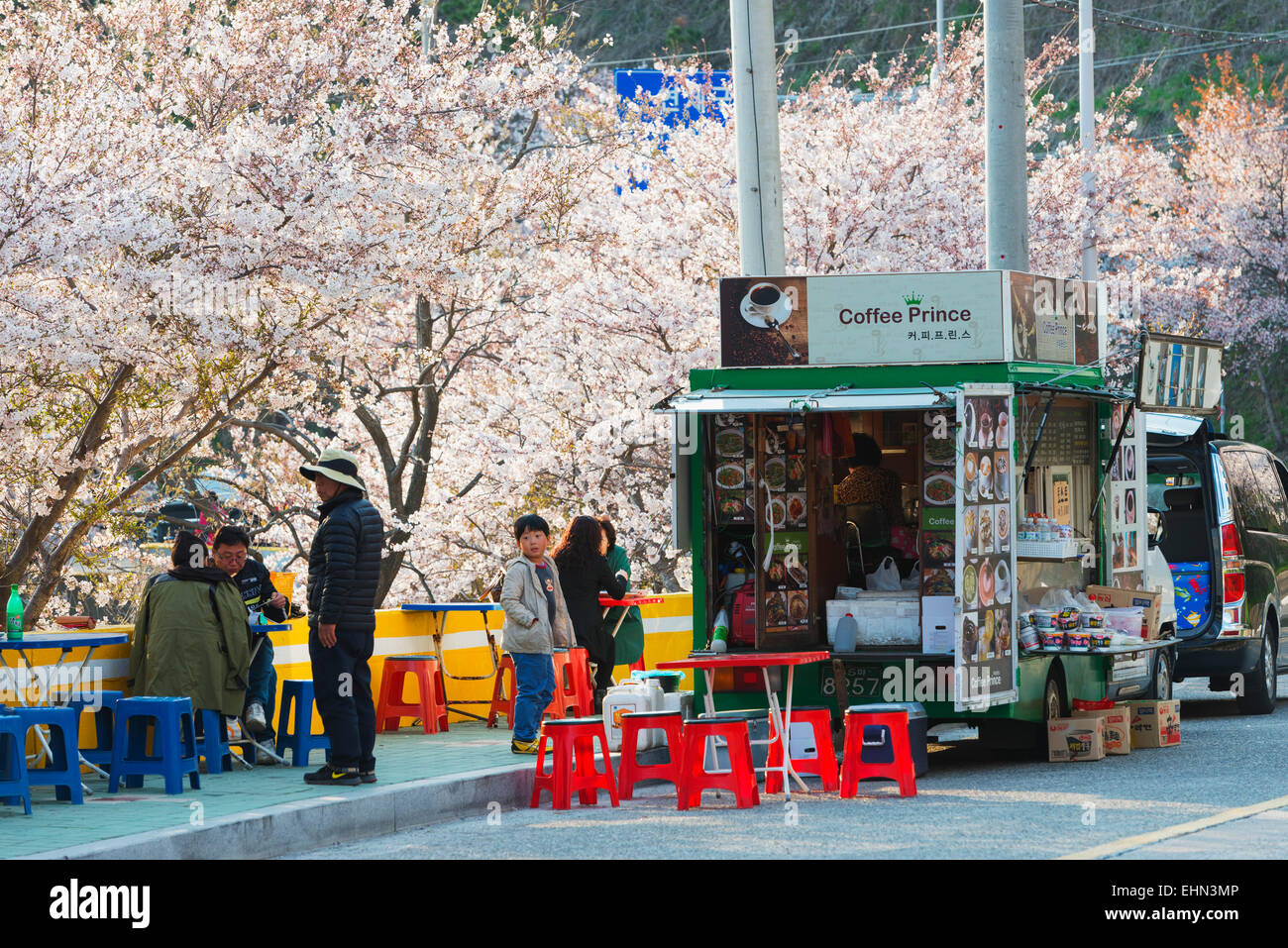 Asia, Repubblica di Corea, Corea del Sud, Busan, primavera sbocciano i fiori e il cibo in stallo Foto Stock