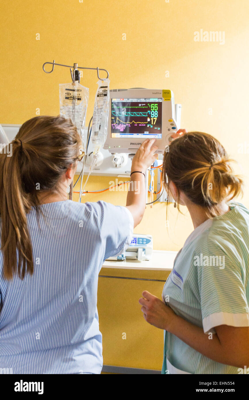 Il monitoraggio cardiaco sulla corsa di un paziente ricoverato in terapia intensiva, unità Neuro-Vascular (UNV) CHU Bordeaux. Foto Stock