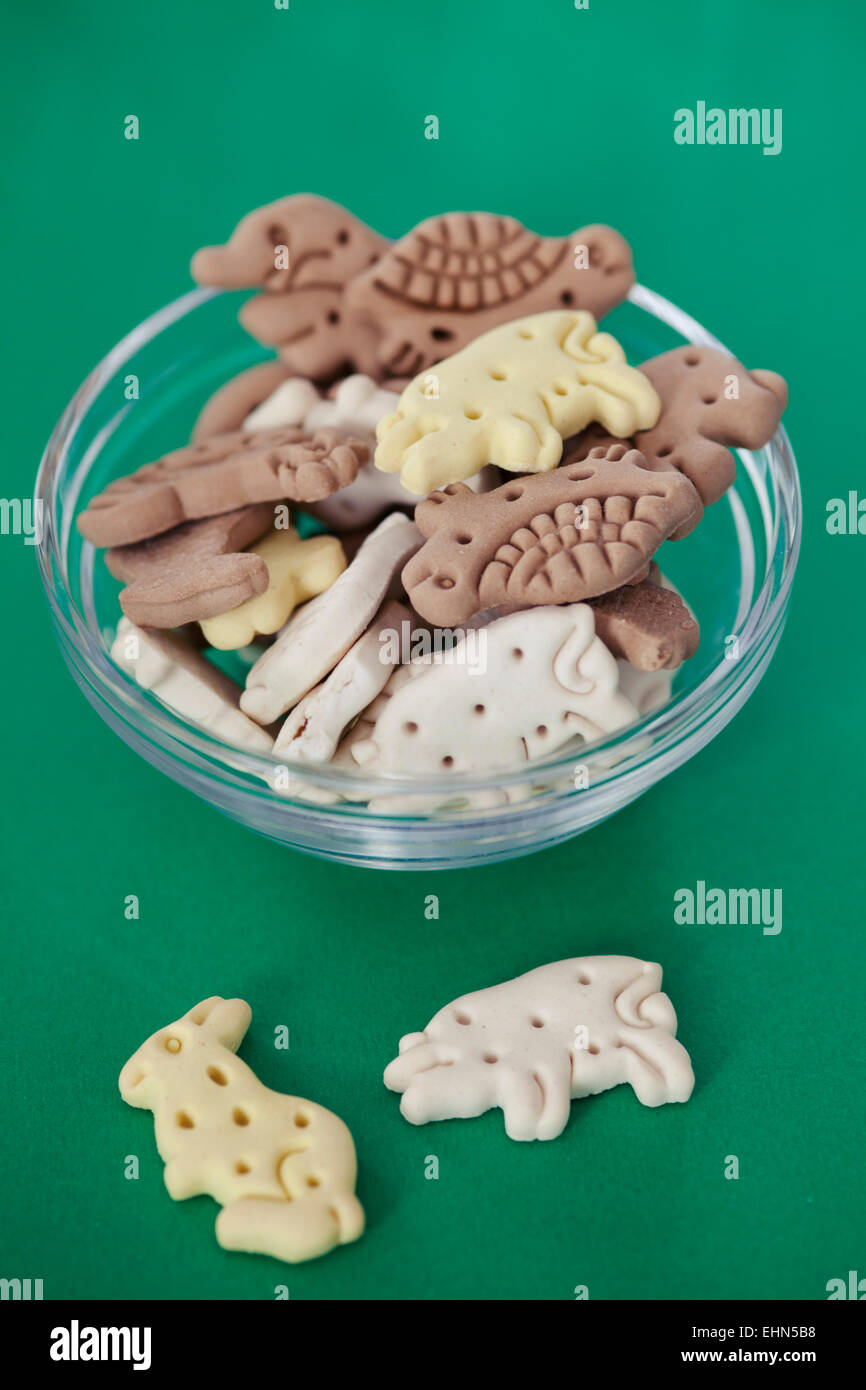 Cereali biscotti del cane in diversi colori su sfondo verde Foto Stock