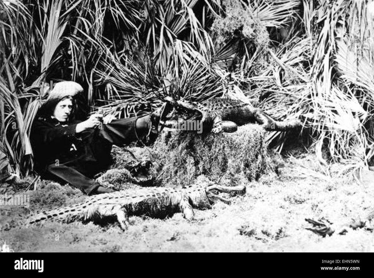 Un uomo posa con una collezione di alligatori ripieni, mostrando una mostra di tassidermia. La scena mette in evidenza la pratica di preservare gli animali per essere esposti in musei o collezioni private, illustrando l'arte e la scienza della tassidermia. Foto Stock