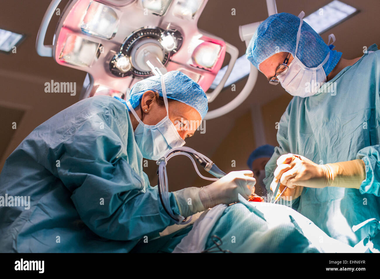 Chirurgo di eseguire impianto cocleare chirurgia, un'operazione di impiantazione di un piccolo dispositivo elettronico utilizzato per fornire un senso di suono a una persona non udente, ospedale di Limoges, Francia. Foto Stock