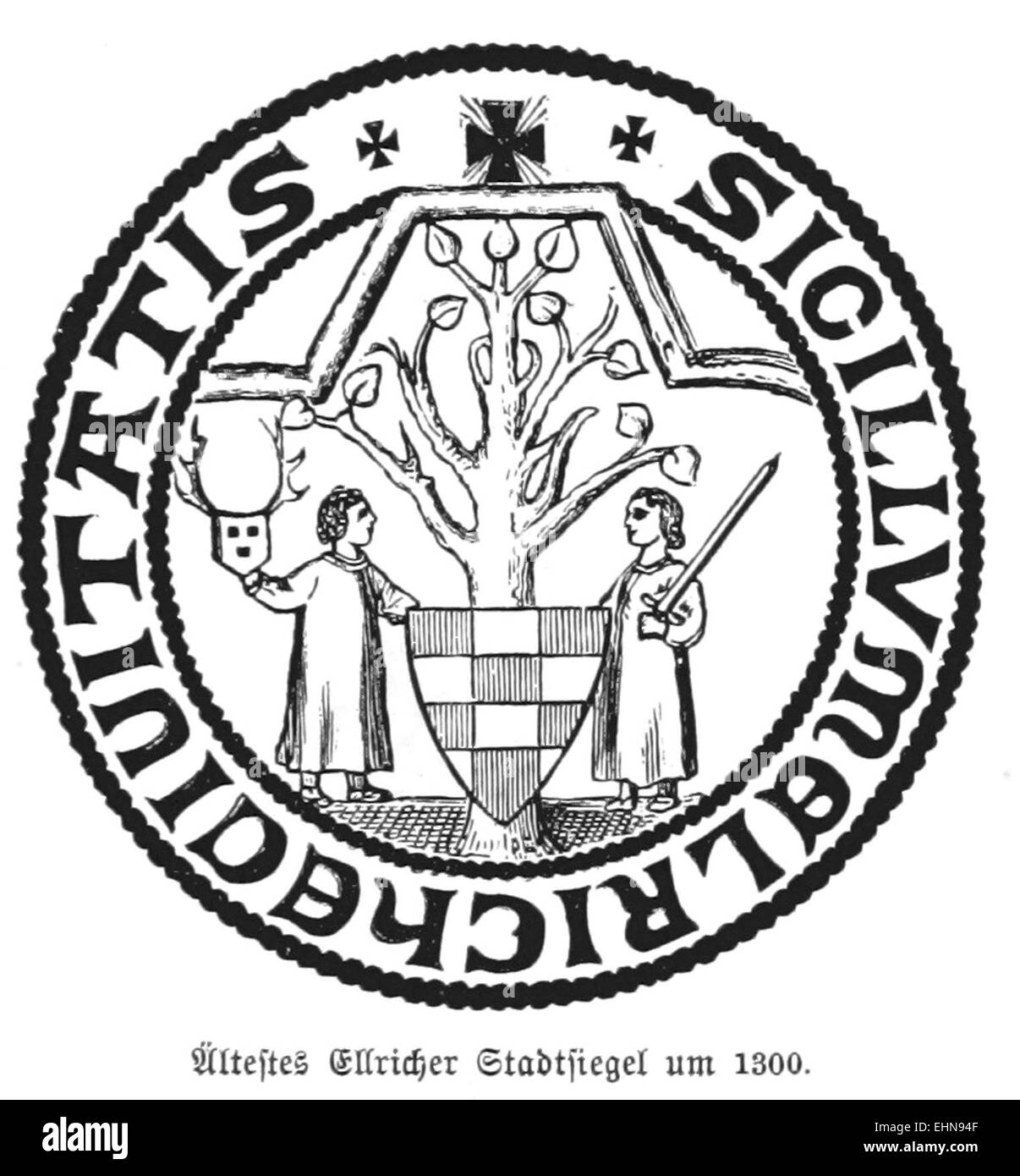 Un'illustrazione tratta dalla pubblicazione di Heine del 1890 che raffigura lo Stadtsiegel (sigillo della città) di Ellrich, risalente al 1300, evidenziando il significato storico di questo emblema nella Germania medievale. Foto Stock