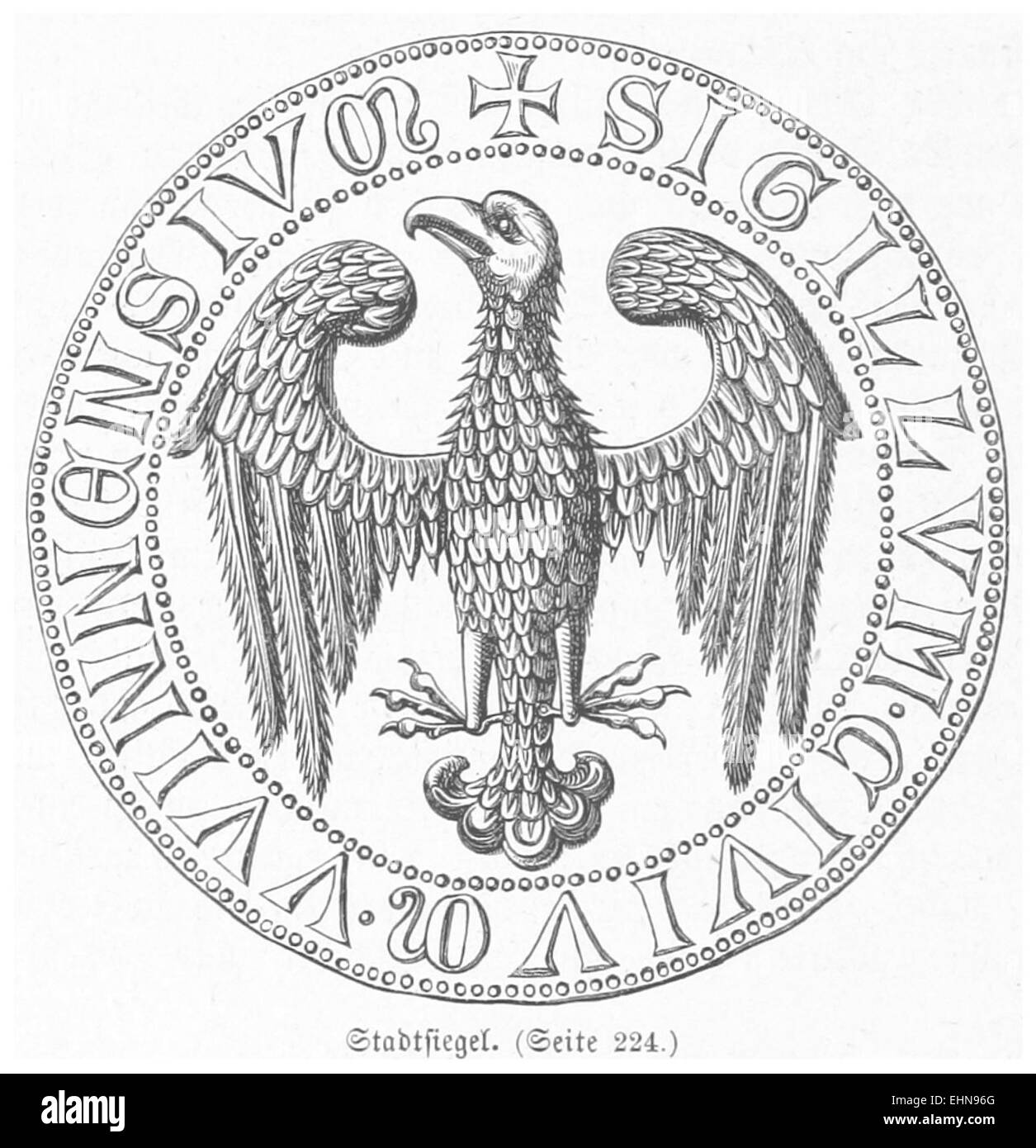 Un'illustrazione del 1880 di Bermann che mostra lo Stadtsiegel di Vienna, un emblema storico o sigillo della città. Questa immagine cattura il design e il significato del sigillo nel rappresentare l'identità e la governance della città. Foto Stock