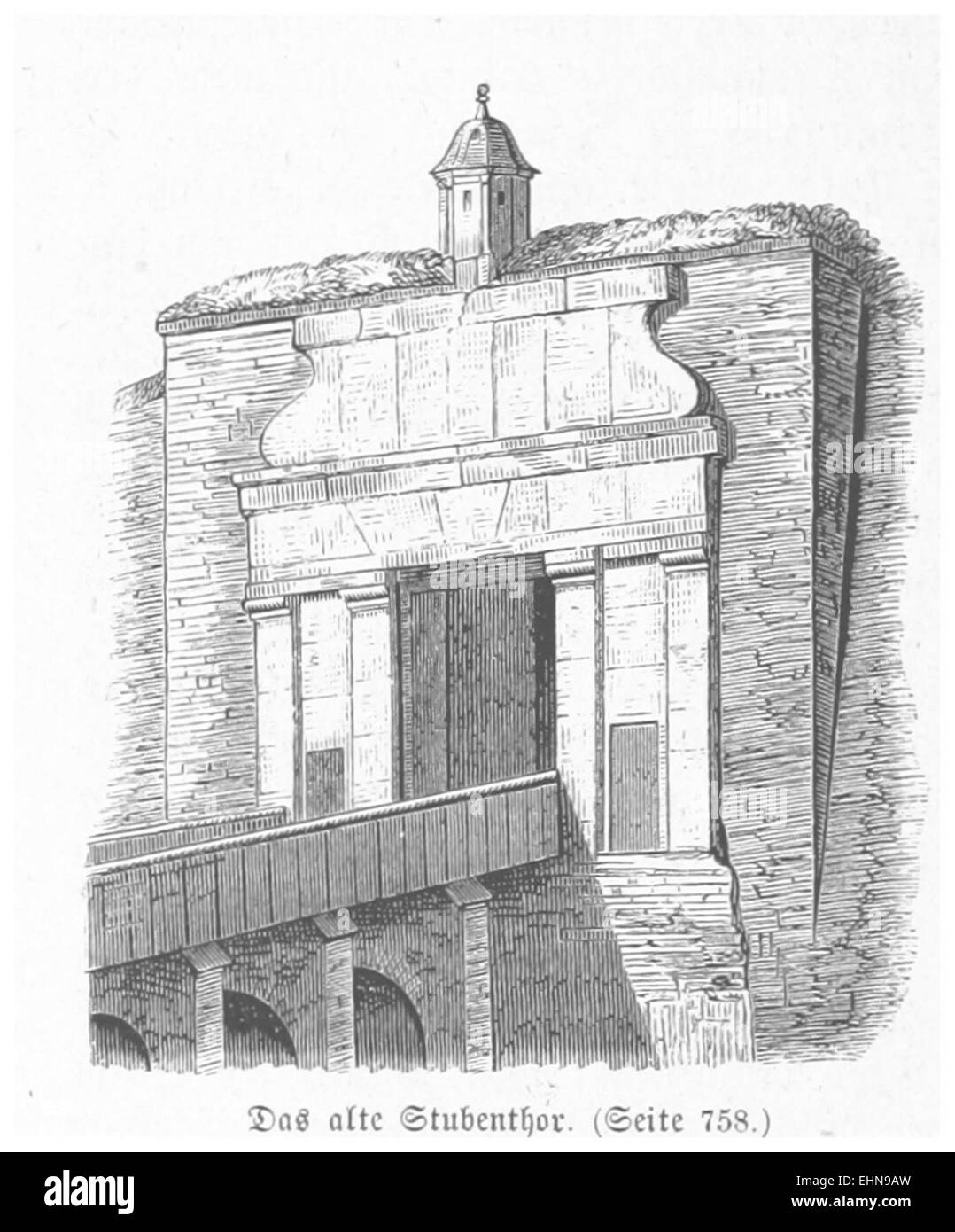 Un'illustrazione di BERMANN (1880) di Das alte Stubenthor, una vecchia porta o ingresso in un ambiente storico. L'immagine cattura il significato architettonico e culturale di questa caratteristica storica in uno stile vintage. Foto Stock