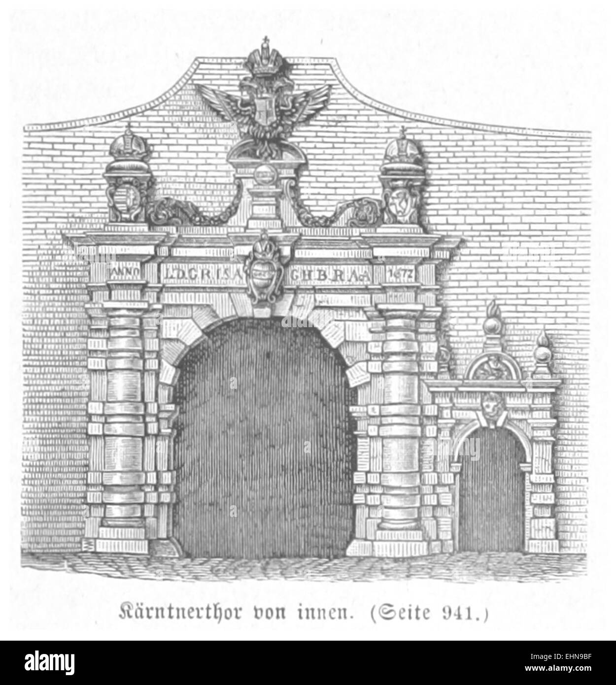 Un'illustrazione del 1880 di Bermann raffigurante l'interno di Kärntnertor, una porta storica di Vienna. L'immagine mostra le caratteristiche architettoniche del cancello, evidenziandone il design e i dettagli strutturali. Foto Stock