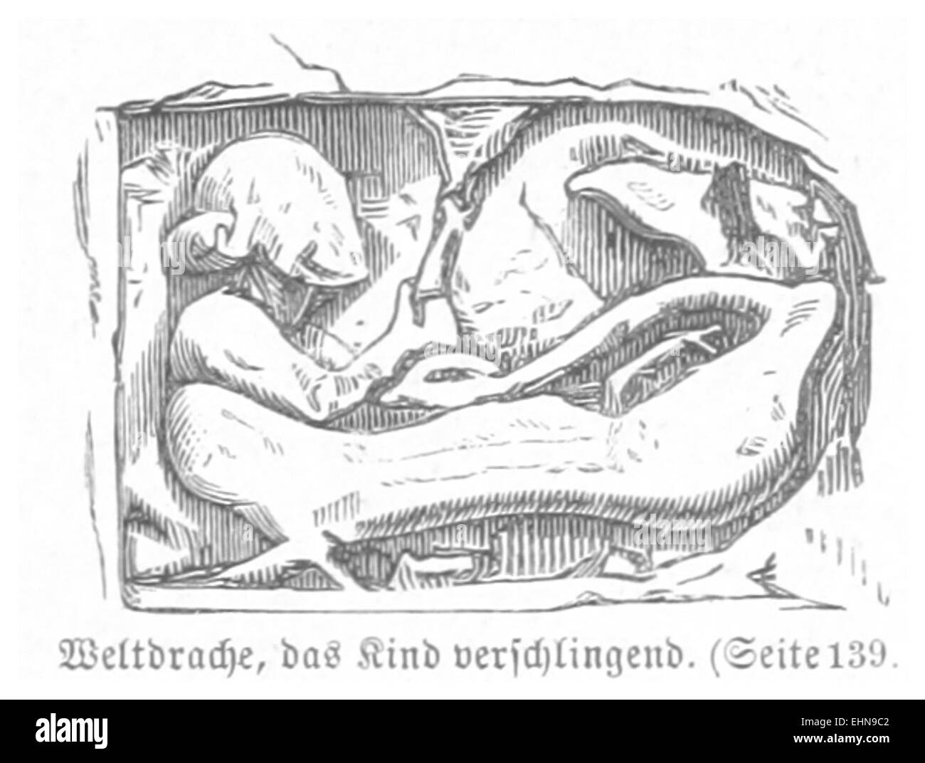 Questa illustrazione del 1880 di Bermann, intitolata "Der Weltdrache, ein kind verschlingend" ("il Drago del mondo, devozione di un bambino"), raffigura una scena drammatica della mitologia tedesca, che riflette l'interpretazione dell'artista dei temi mitologici. Foto Stock