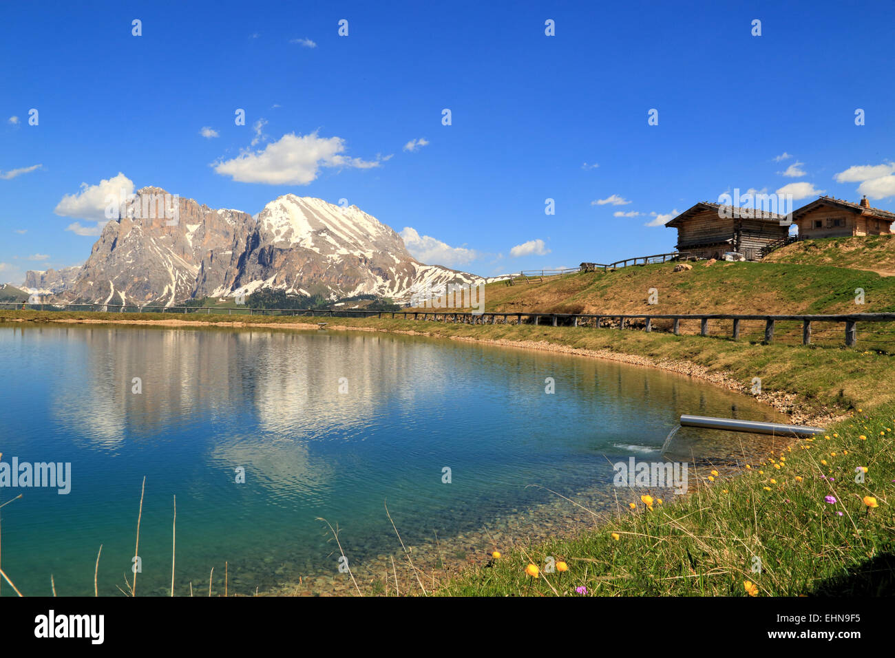 Lago di montagna estate, Alpe di Siusi, Alpe di Siusi Foto Stock